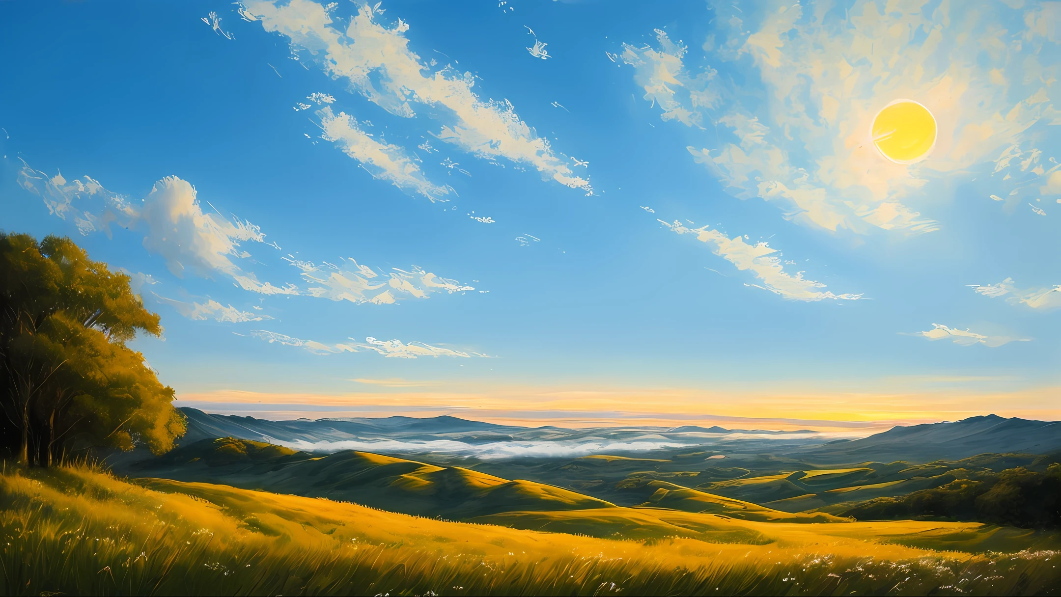 hillside，early evening，Sea of Clouds，with blue sky and white clouds，the setting sun，Realistic landscape