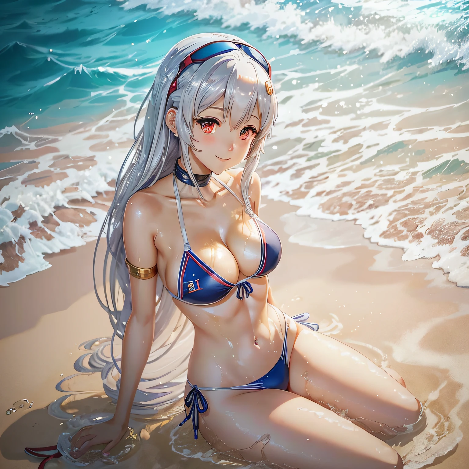 Anime girl in a bikini sitting on the beach with a wine hair, silver bikini, Rei Ayanami, Realistic bikini, mulher de cabelo vinho curto, menina anime sedutora, [ Arte Digital 4K ]!!, anime golden water wallpaper, Ayanami, roupa de banho, | Anime de detalhes finos, Arte Digital Anime, Arte Digital Anime detalhada, salto alto preto, sorrindo --auto