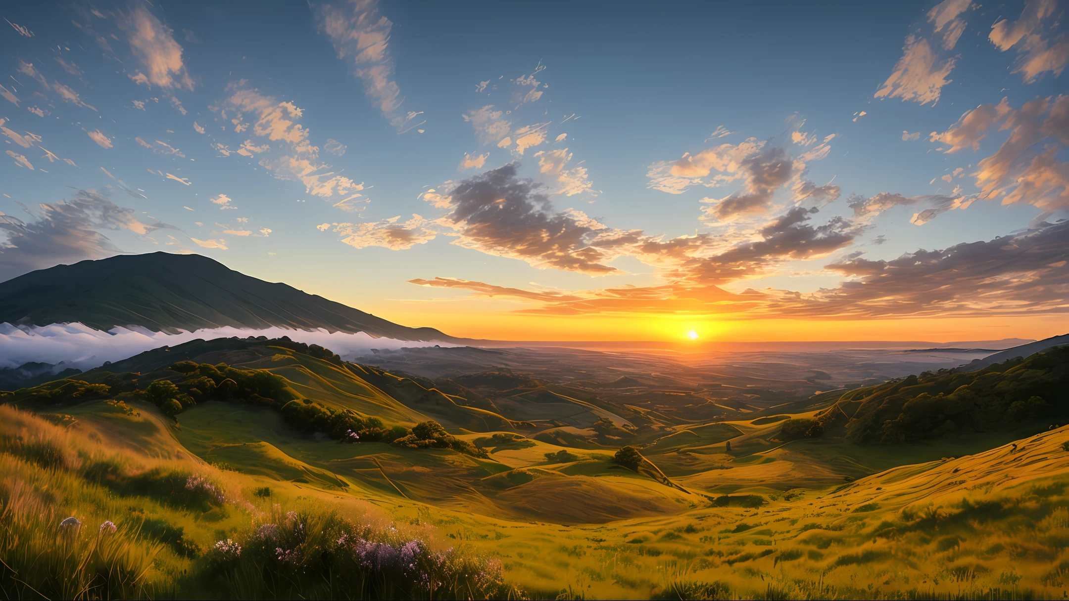 hillside，early evening，Sea of Clouds，with blue sky and white clouds，the setting sun，Realistic landscape