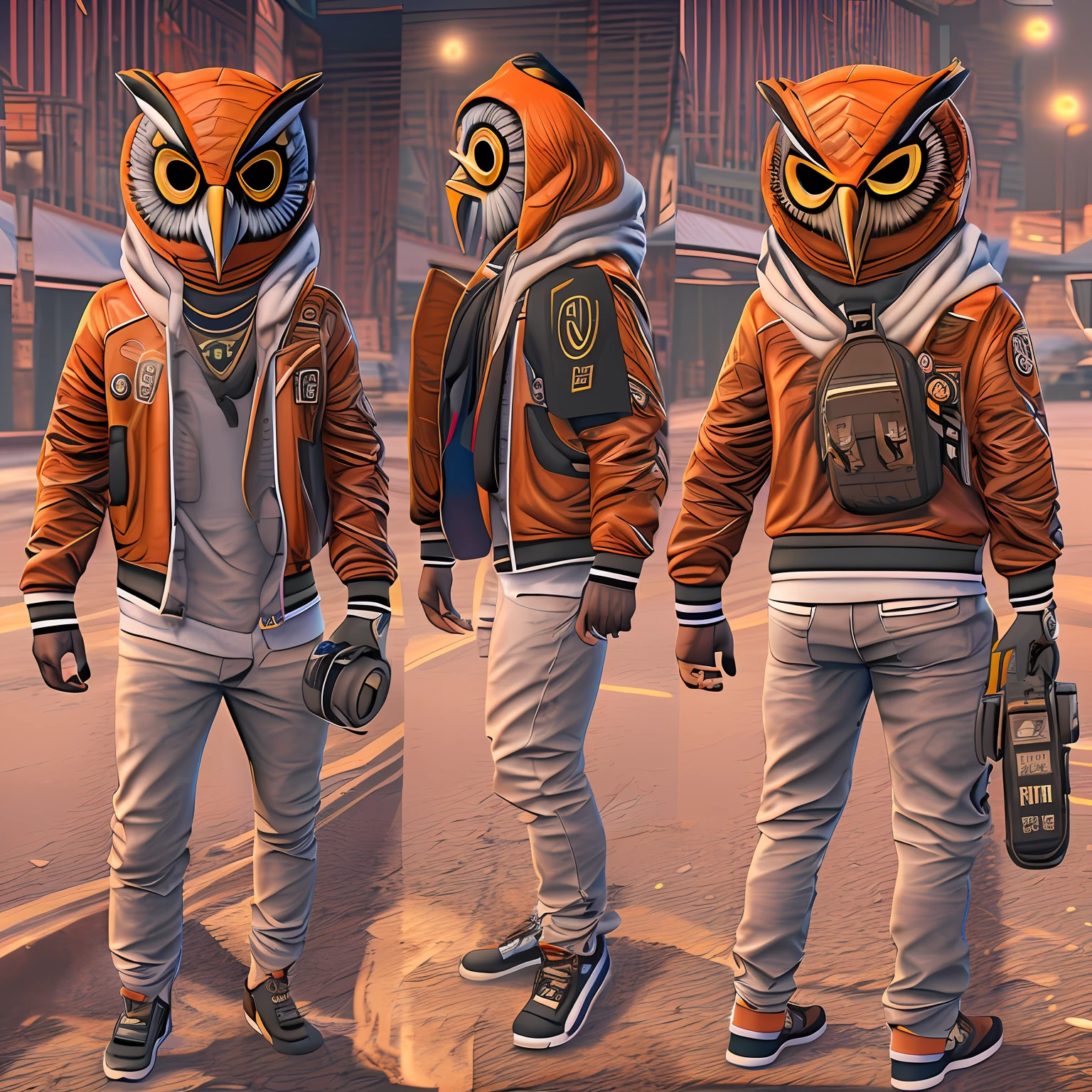 GTA5 orange-brown owl mask fully covering face, White Jacket, Owl print on Jacket with up wings, Backpack on his left hand with some money falling off, Pistol Five-Seven on his right hand, sunset, black jeans, Red Jordan shoes , Rolex on his right hand, silver chain with "VS" symbol, pele natural, 8k UHD, alta qualidade, filmic grain, Fujifilm XT3, 80mm, hasselblad, dslr, 20mp,soft-lighting, por do sol, (Pele altamente detalhada:1.2, alta qualidade, grain of film