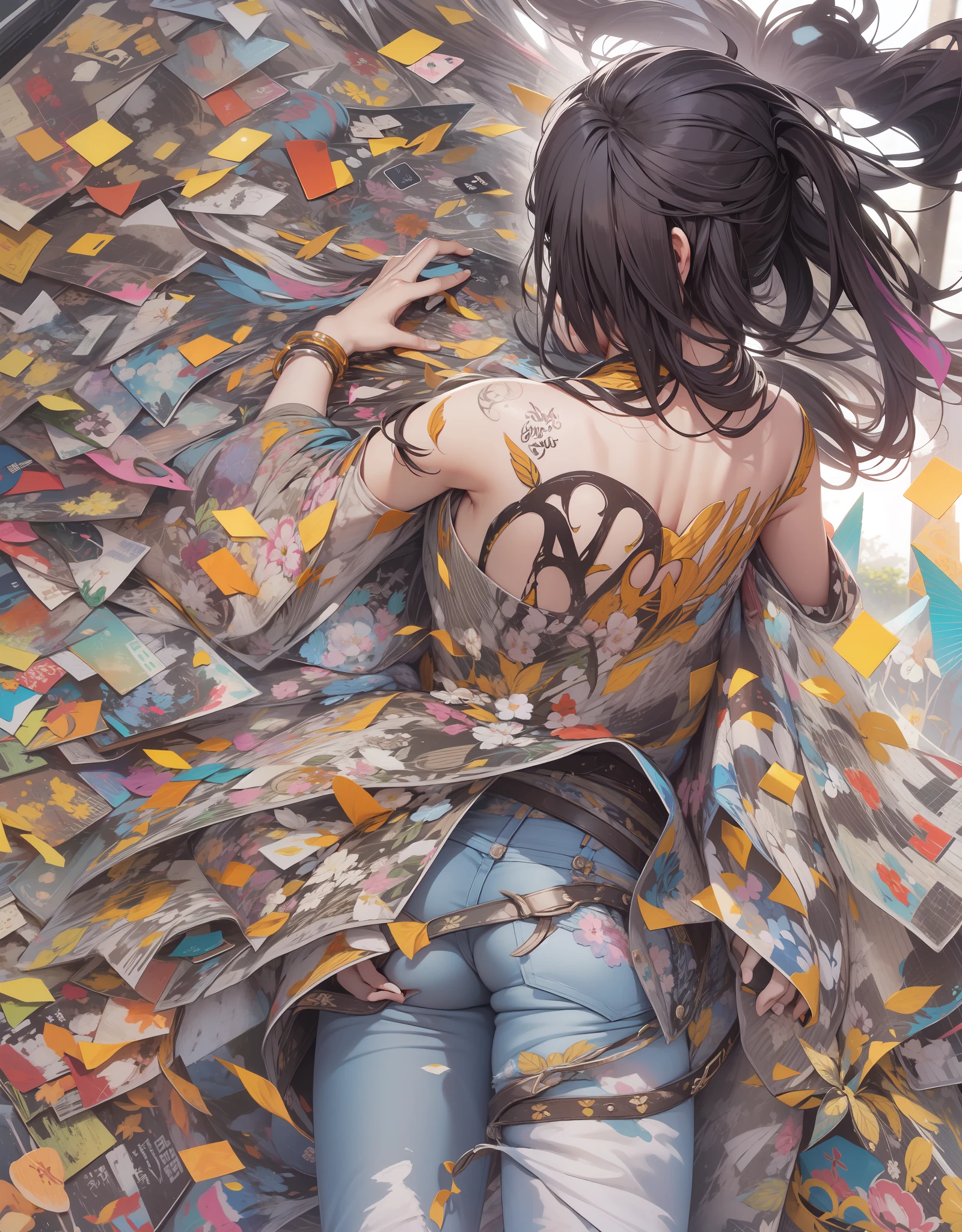 Background Story, Misto-idioma_Texto, letras japonesas em graffit , Ashley Alexiss Linda , longos cabelos negros, Excellent lighting, side-lighting, perfeito ultimate (flat heart: 1.3), (revista_cobrir: 1.4), (multicolorido_Background Story: 1.3), listrado_Background Story, card_Background Story, :: Discs with sharpening, shiny blades in hand :: circular pieces of white metals glued to the ultra detailed arms coming out of shimmering glow, desenho de estrela negra estampada no meio da camisa , corpo escultural perfeita e detalhada, camisa ultra detalhado com desenho abstrato e com estampa de letras japonesas em grafit dos lados da roupa, worn jeans, peito grande, com efeitos imersivos, efeito pairar, fundo estilo grafite tatuagem tribal com flores e cores vibrantes, "HDR Ultra colors in gradient| | |" detalhadas e com efeito de foco, (obra-prima: 1.2, melhor qualidade), (beautiful eyes with huge finely detailed eyelashes: 1.2), , ((sozinho)), (Olhos finamente detalhados e rosto detalhado :1.3), Perfect hands with 5 fingers and ultra detailed、