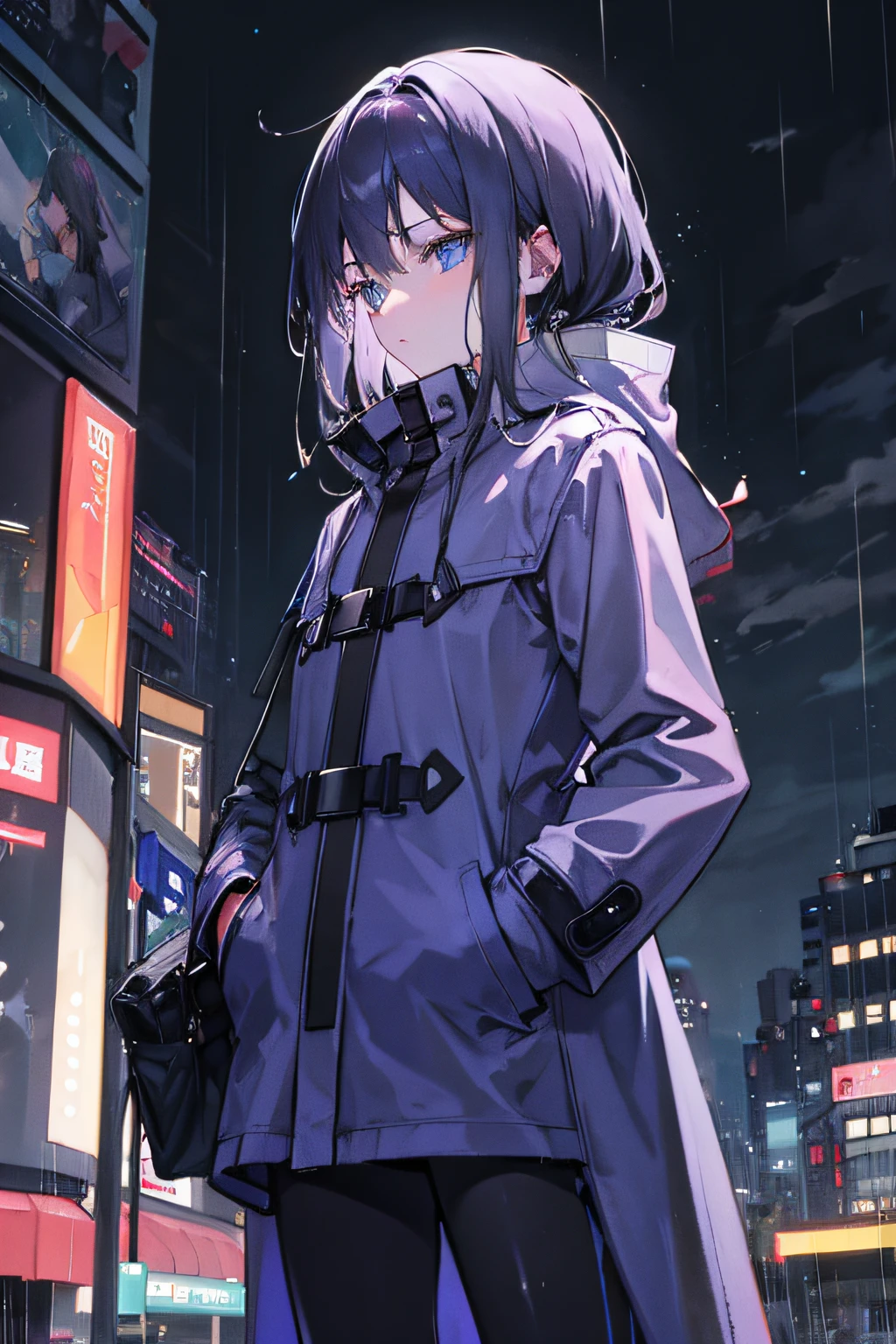 1 girl, night city, rain, coat, hands in pockets