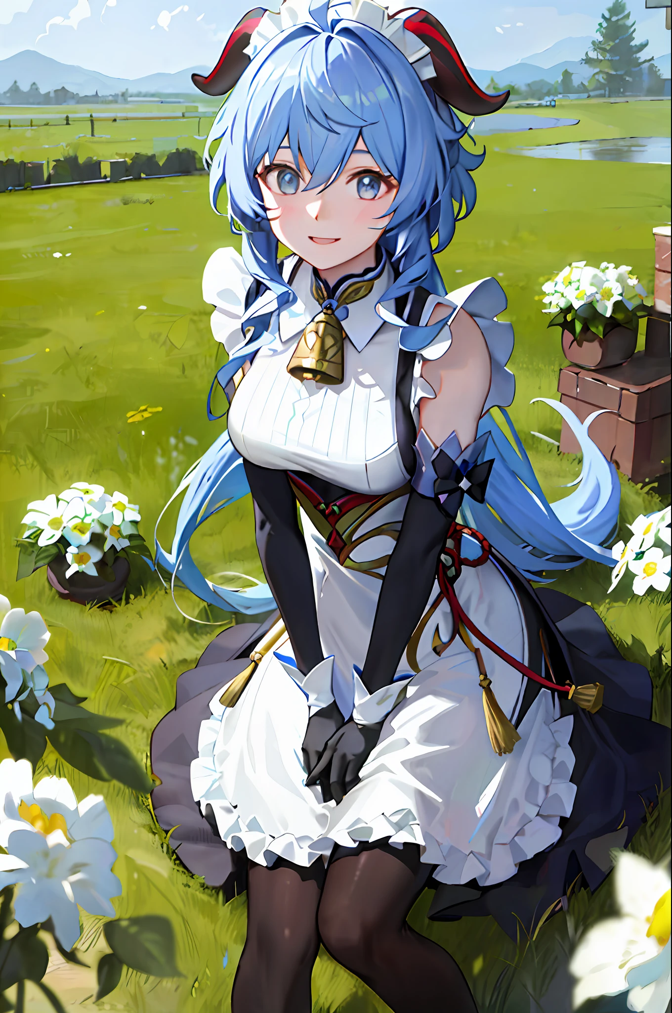 (Photorealistic:1.4), (Masterpiece, side-lighting, fine detailed beautiful eyes: 1.2), Masterpiece*Portrait, Realistic, 3D face, Ganyu \(Genshin Impact\), 1girll, ahoge, architecture, By bangs,Bare shoulders,bell,black glove,Black tights,(blue hair),Blushlush,Beautiful breasts,Chinese knot,the sleeve,flower knot,mitts,cow horn,long whitr hair,middlebreast,Neckbells,the maid outfit:2.0,maid costume:2.0,happy laughing,Squinted eyes,gentleness,duck sitting,Sit on the lawn,extremely shy,Be red in the face,Have a picnic outside,the woods,NOWAI,Flowers,Admire the flowers,Flowers,Bright flowers,Rejoice,exhilarated,Holding flowers in hand,Smell the flowers,Not for the audience,having fun:2.0,grin:2.0,Facing the bouquet