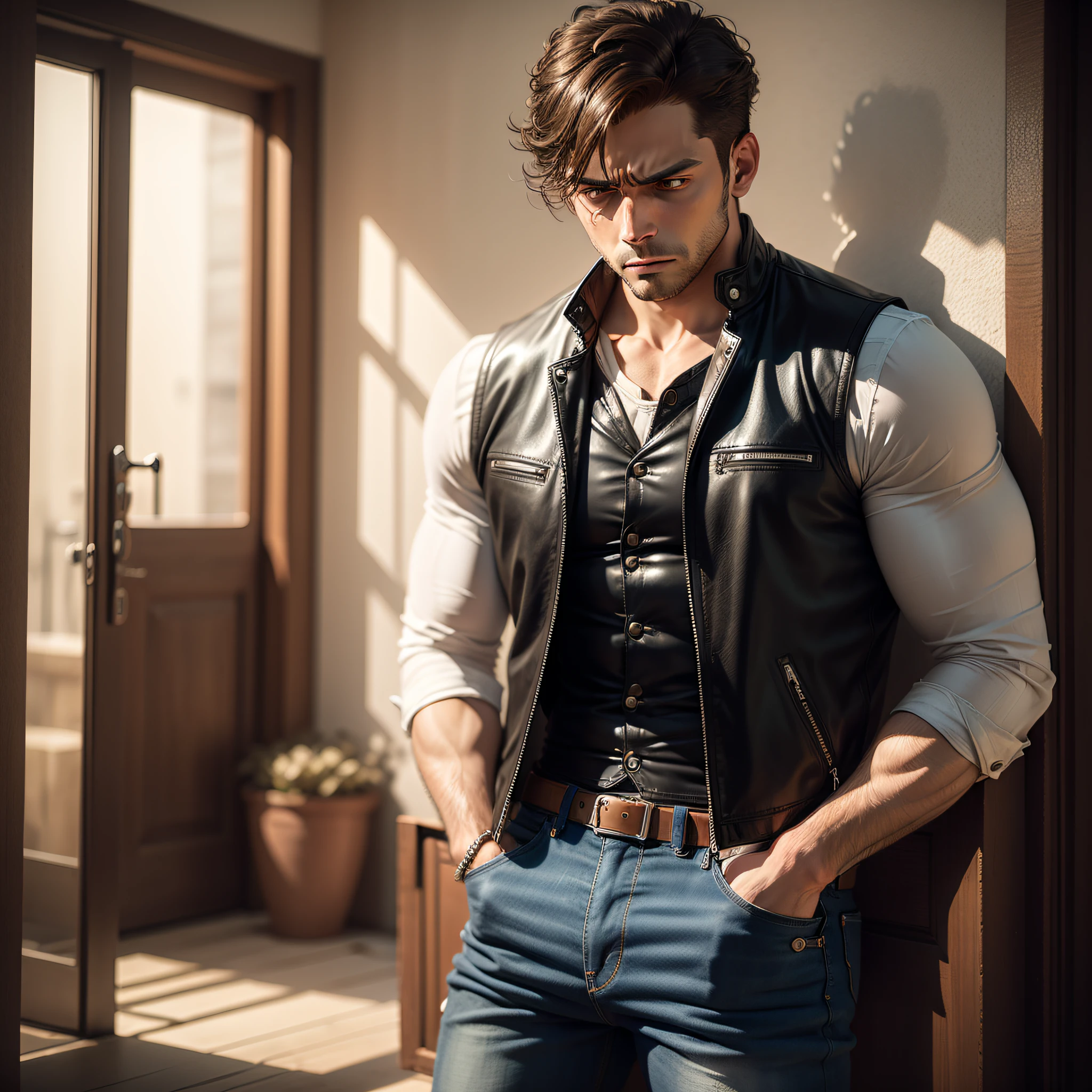 Man in leather vest and jeans with depressive expression in a sad scenario