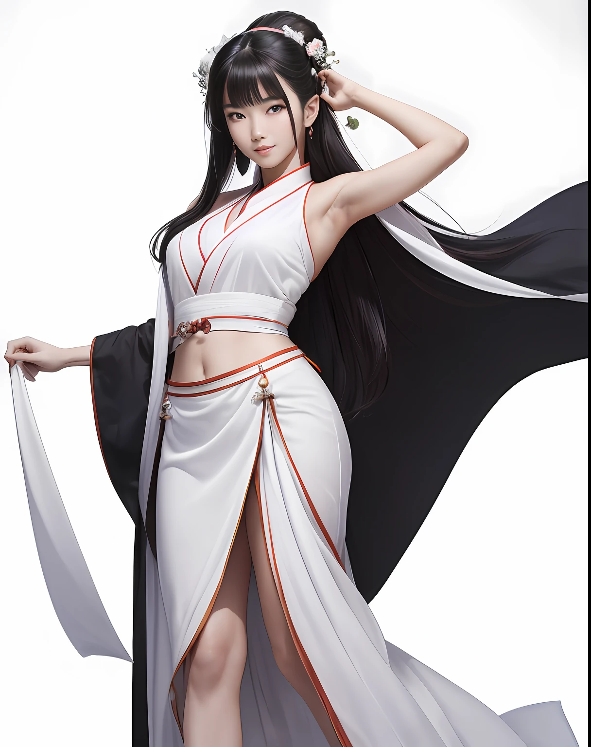 (masterpiece, best quality, beautiful modelshoot:1.4) of a stunning 25yo chinese 1girl, (full body view:1.6), (seductive pose:1.2), breasts:1.2, (armpits focus:1.5), solo:1.5, navel, long black hair, sidebangs, bare shoulders, (perfect face, perfect eyes, insanely beautiful face, perfect hands, beautiful fingers:1.5), (happy smile:1.2), hanfu, (looking at viewer:1.6), (busy street background:1.0), colorful, highly detailed, ultra realistic, deep field of depth, (sharp focus:1.6), insanely intricate, 8k, (tachi-e:1.3), (white background:1.7), full body