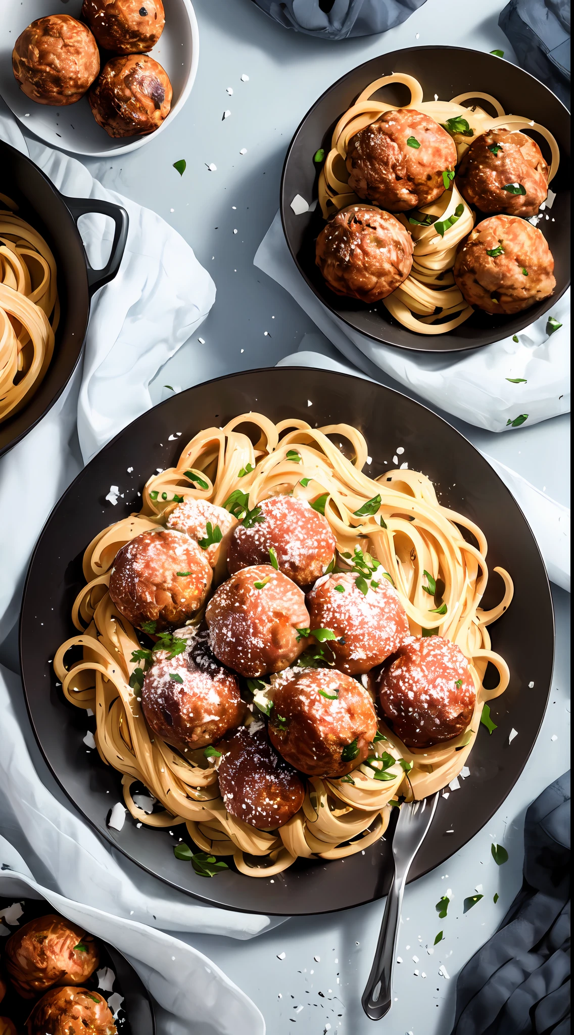 (((masterpiece))), ((best quality)), detailed, professional lighting, (((Ultra Detailed))),absurdres,(((incredibly absurdres))),a creamy fettuccine pasta with fresh parmesan and meatballs