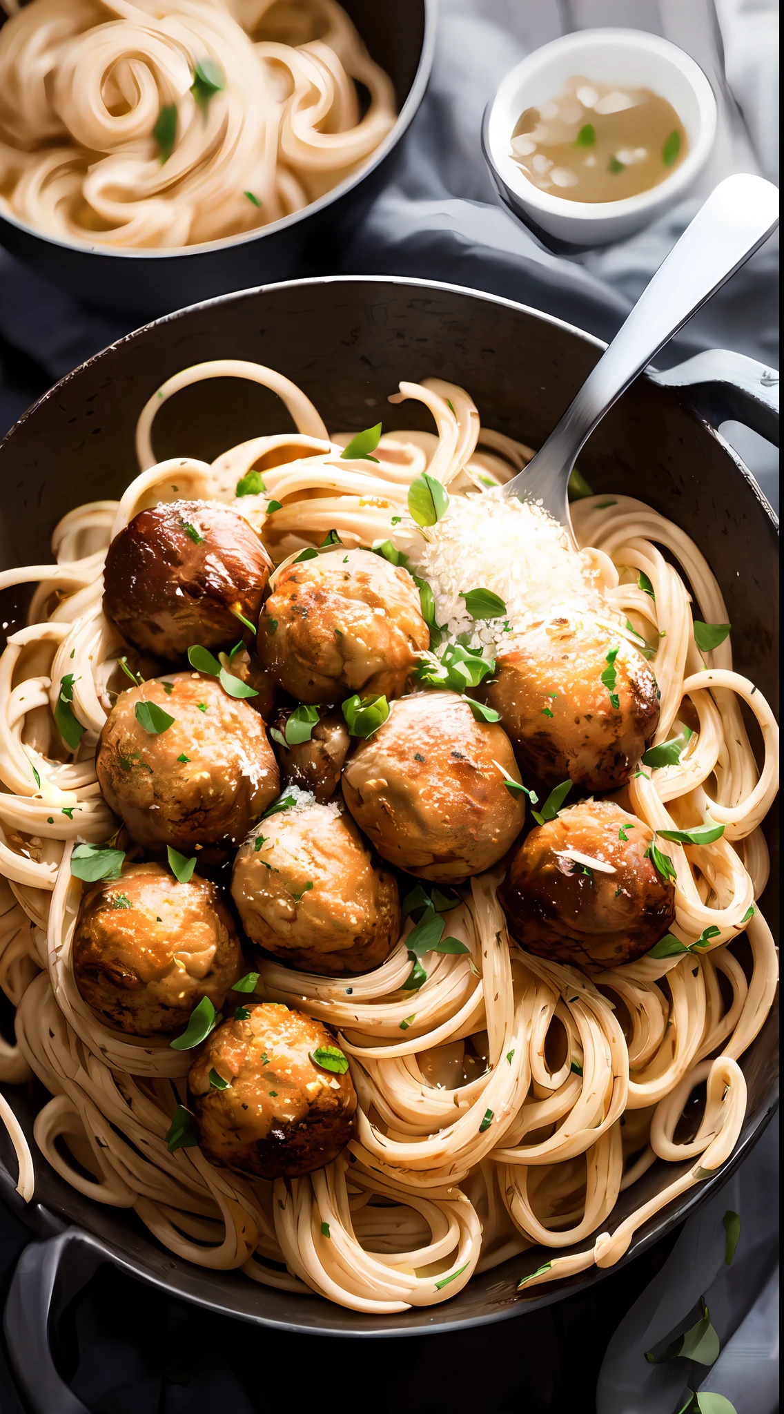 (((masterpiece))), ((best quality)), detailed, professional lighting, (((Ultra Detailed))),absurdres,(((incredibly absurdres))),a creamy fettuccine pasta with fresh parmesan and meatballs