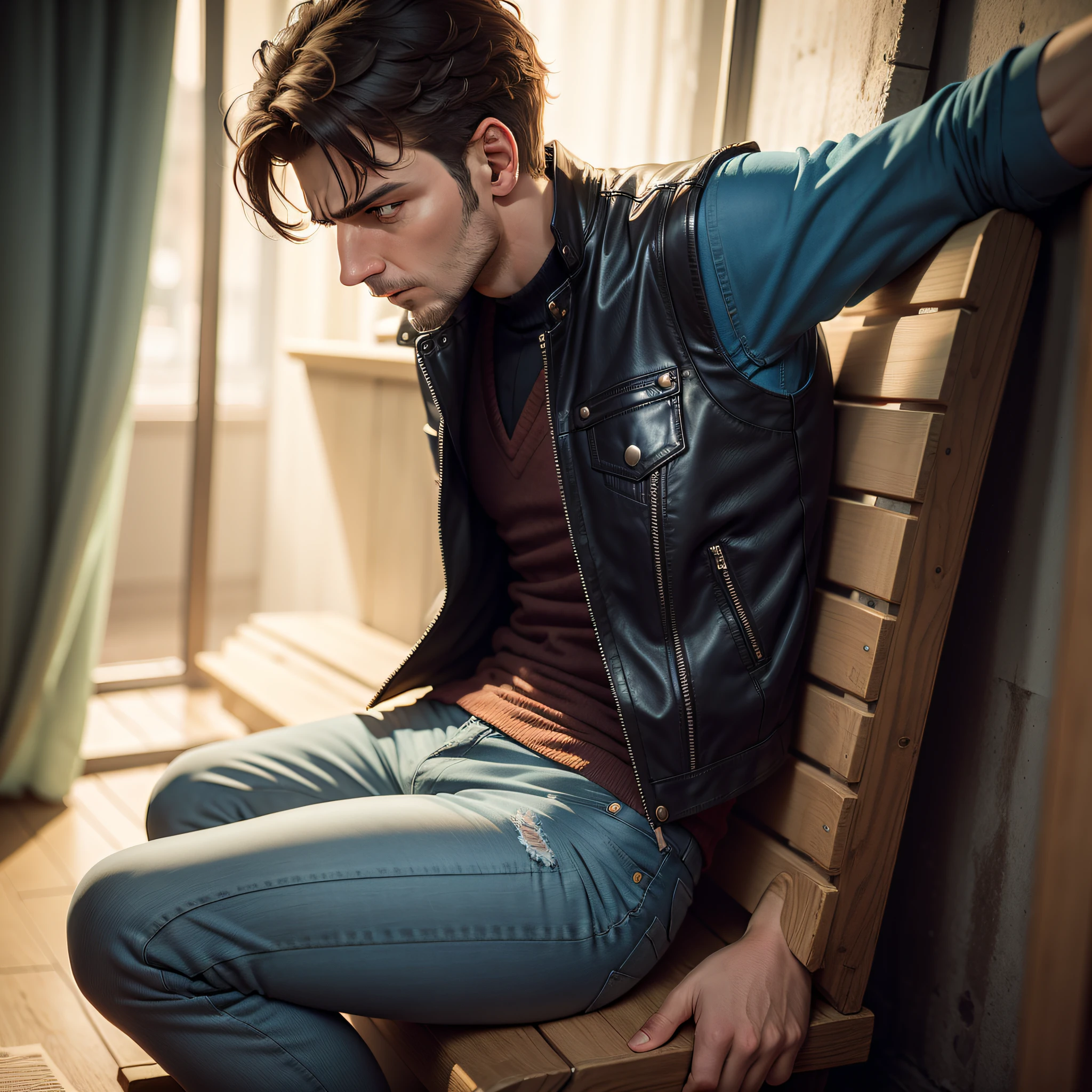 Man in leather vest and jeans with depressive expression in a sad scenario