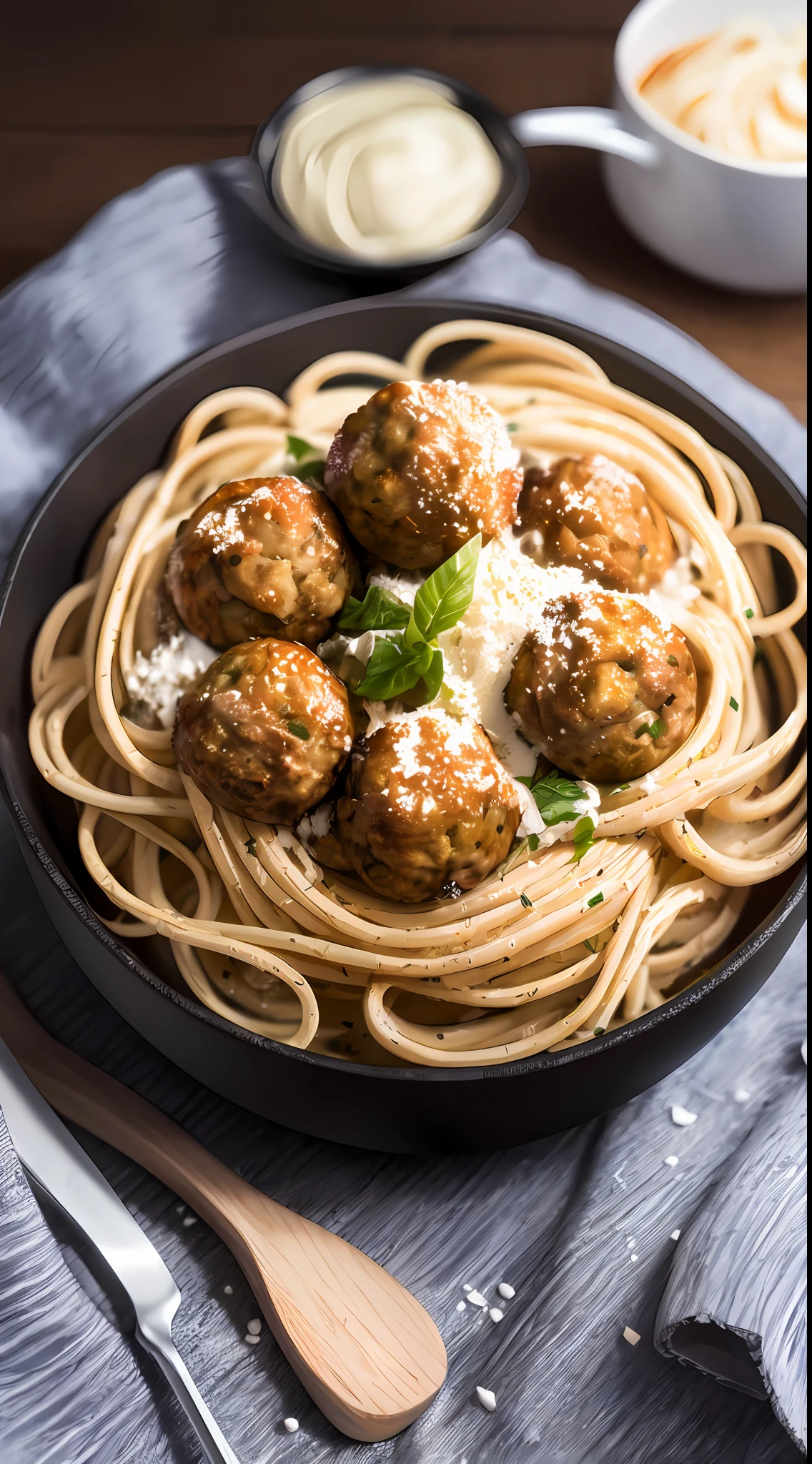 (((masterpiece))), ((best quality)), detailed, professional lighting, (((Ultra Detailed))),absurdres,(((incredibly absurdres))),a creamy fettuccine pasta with fresh parmesan and meatballs