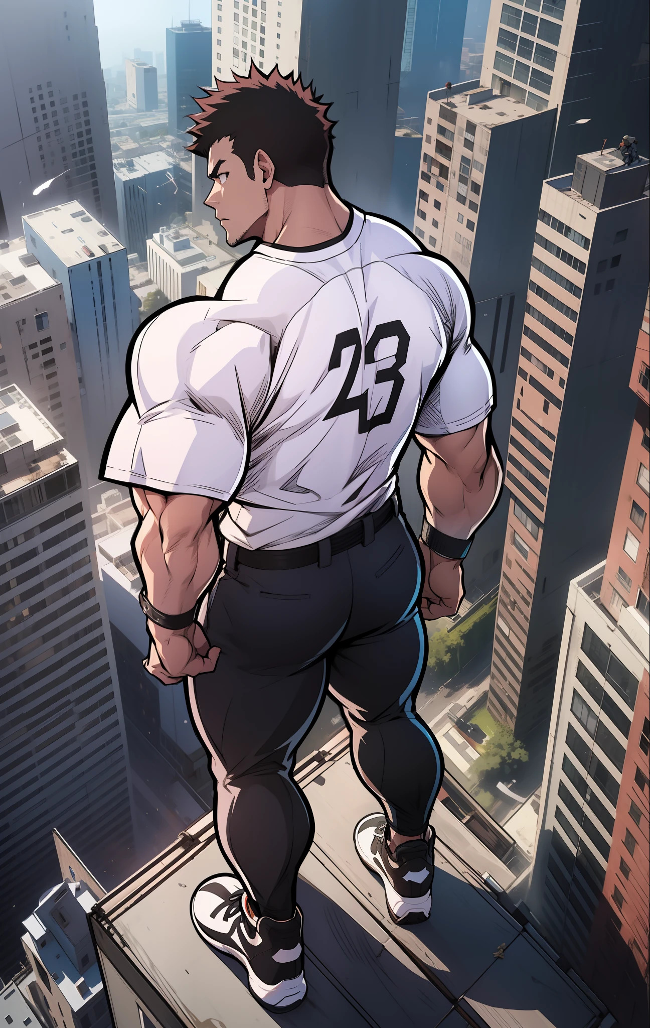 Generate anime-style art with a high-angle photo of a muscular male character with the (((Camera back body ))), THE CHARACTER IS ON TOP OF A TALL BUILDING, O protagonista deve possuir um corpo extremamente musculoso, semelhante ao de um fisiculturista. Vista de cima para baixo, from above the angle, o personagem deve ter cabelos curtos  marrom escuros e estar vestido com uma camiseta vermelha, black pants and white Jordan sneakers. A imagem deve retratar o corpo inteiro do personagem, with the focus on his intimidating posture behind. The protagonist must exude strength and dominance, displaying a powerful presence. A cena deve apresentar apenas o personagem musculoso, THE CHARACTER MUST BE ON TOP OF A BUILDING SHOWING A LARGE CITY BELOW HIM