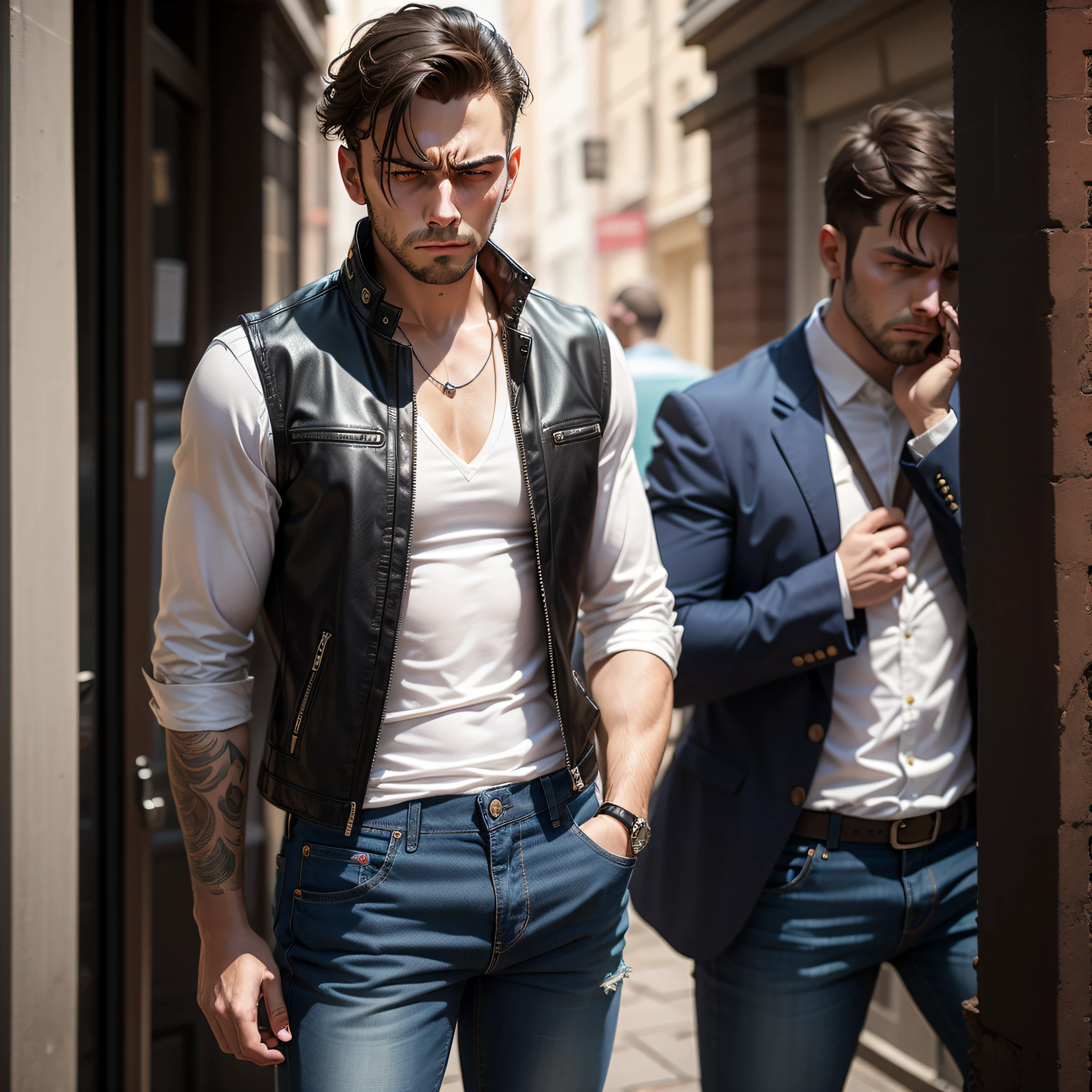 Man in leather vest and jeans with depressive expression in a sad scenario