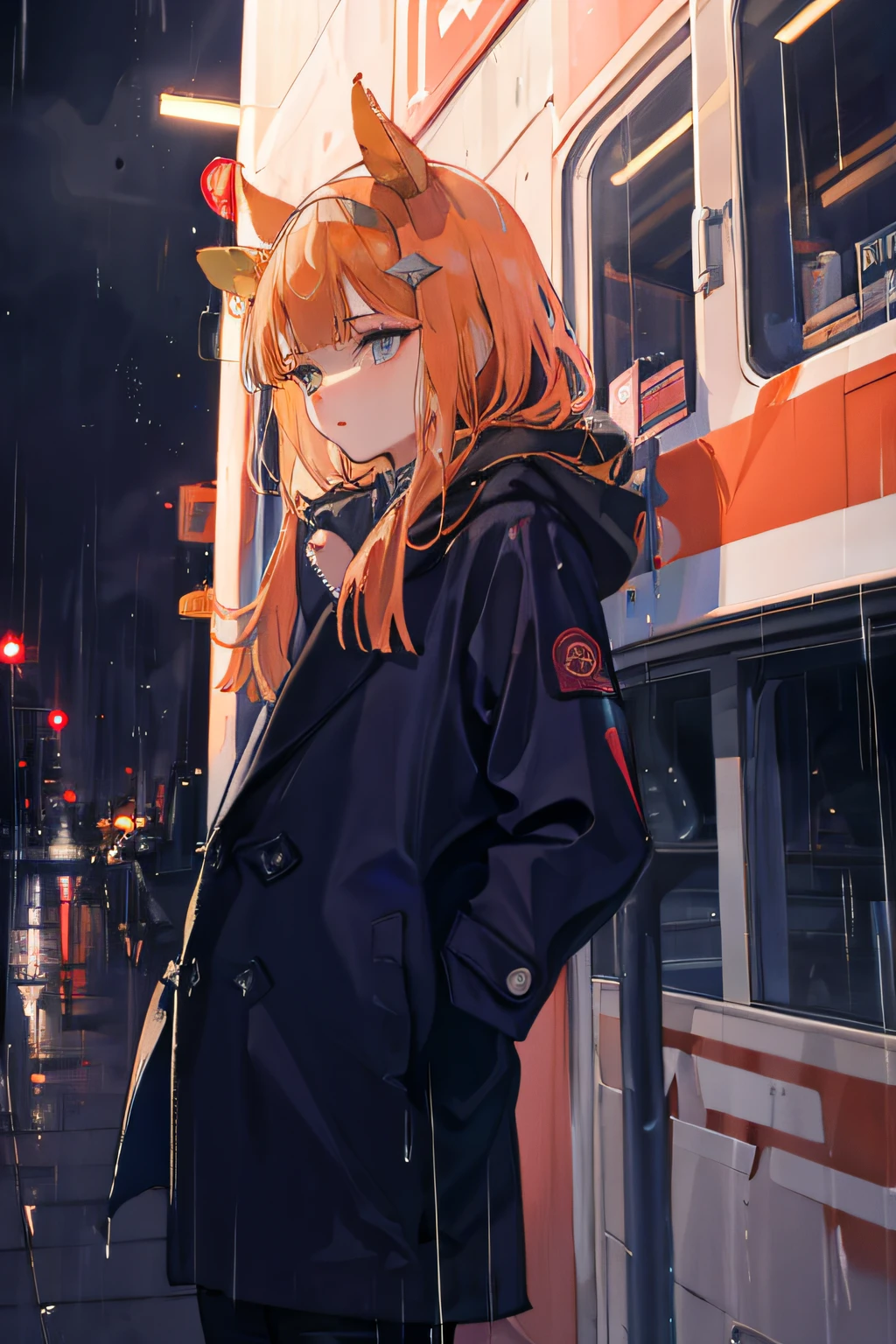 1 girl, night city, rain, coat, hands in pockets