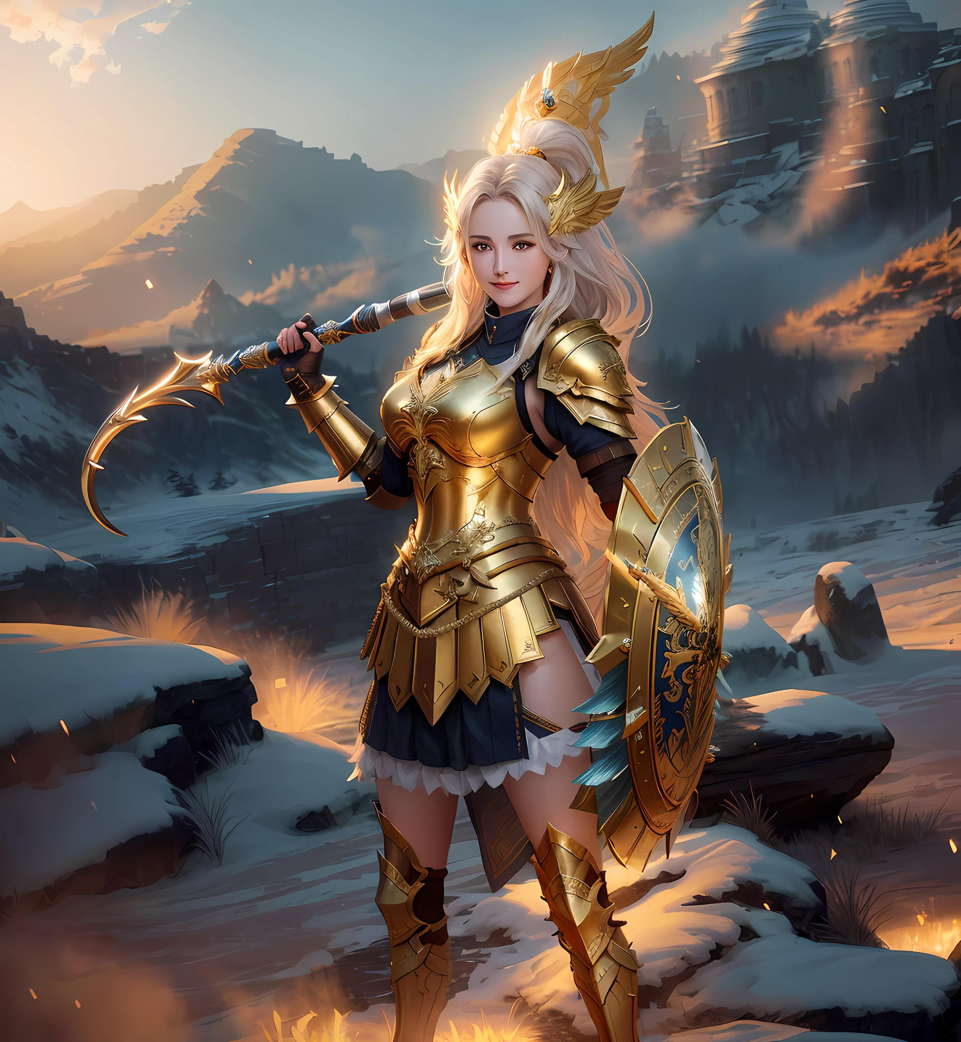 Gorgeous battle scene of the armored female warrior。The picture is heavy，The atmosphere of the goddess enhances the atmosphere。Golden armor or golden warrior，Add mystery。The mysterious image of the Valkyrie，finely detailled，hdr，Highly detailed gilded armor，shinning armor，The photography class is realistic，Victorious smile，hdr，PLD_Armor。Armor more details