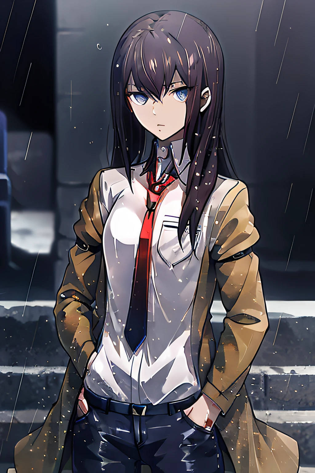 1 girl, night city, rain, coat, hands in pockets