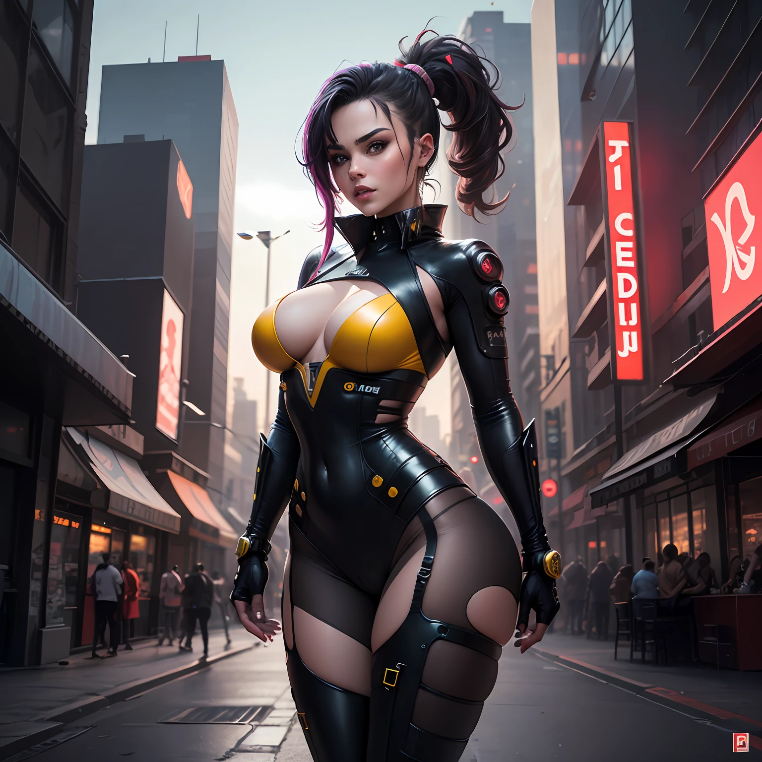 Lucy's Cyberpunk edge runners como, Erectile beauty, seios grandes, corpo inteiro, dinamic poses, fundo amarelo, Cartaz cyberpunk, Technological weapon, papel de parede 8k, melhor qualidade, Tranding Tampos Pintreste.