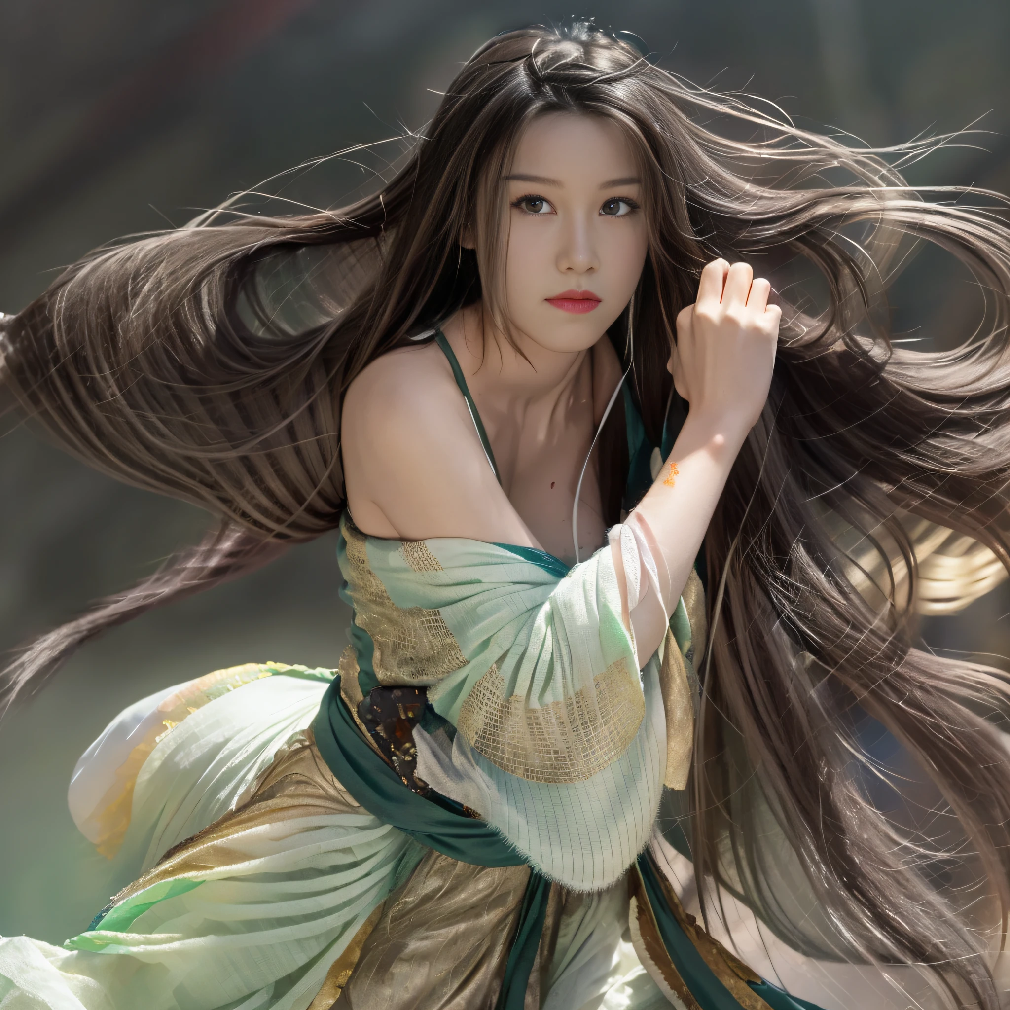 (RAW photo, Best quality), (Realistic, photo-realistic:1.3), Best quality, Highly detailed, Masterpiece, Ultra-detailed, illustration, 1girll, The upper part of the body_Body, Dynamic Angle, world mastery theater, Messy_Long_Hair,Best quality, extremely detailed CG unity 8k壁纸，ink，astounding，电影灯光，lens_flare，dunhuang_Style，flowy，Light work，Kungfu，long whitr hair，lightand shade contrast，Strong light，opulent，((Bright clothes)), swordsmen
