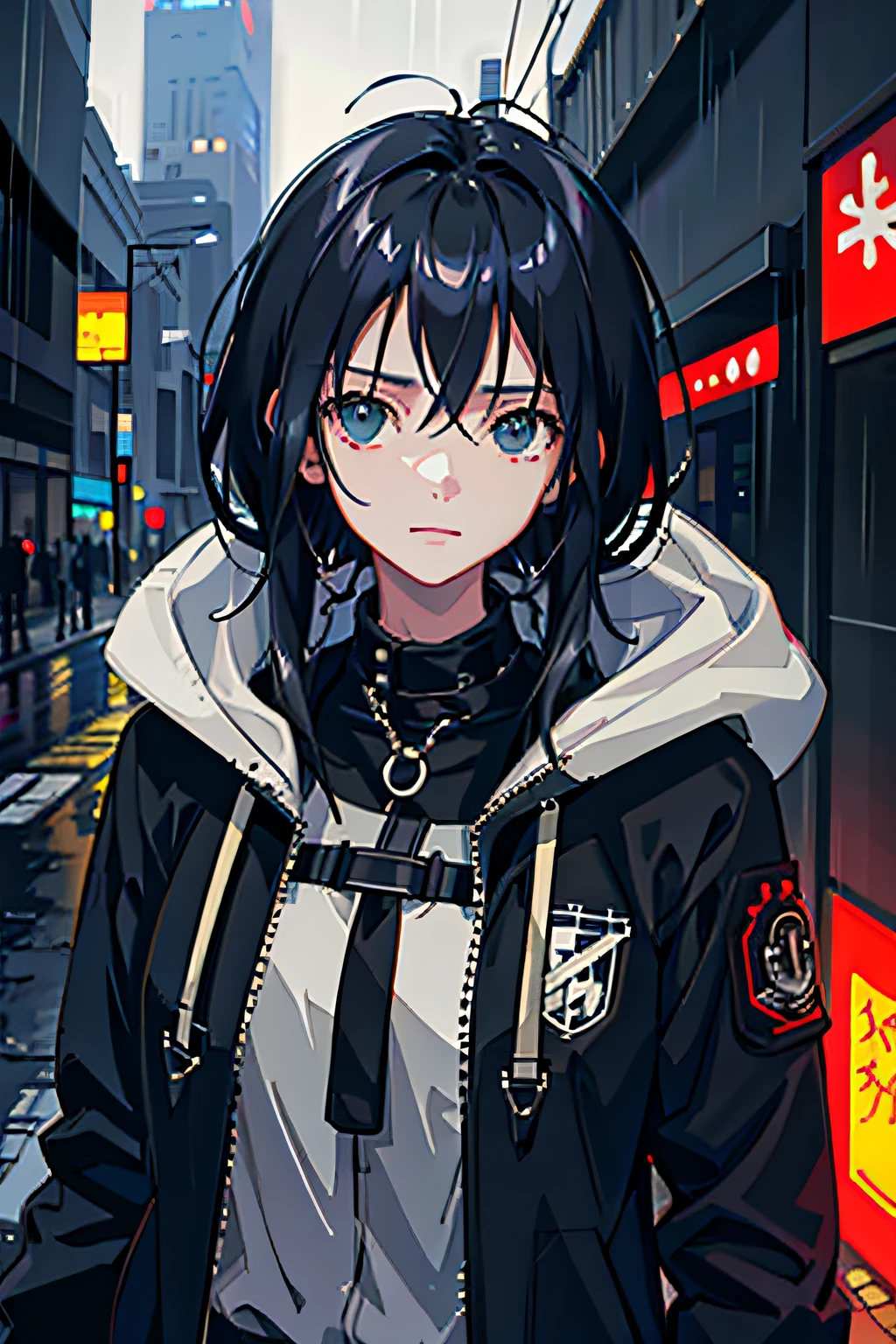 1 girl, night city, rain, coat, hands in pockets