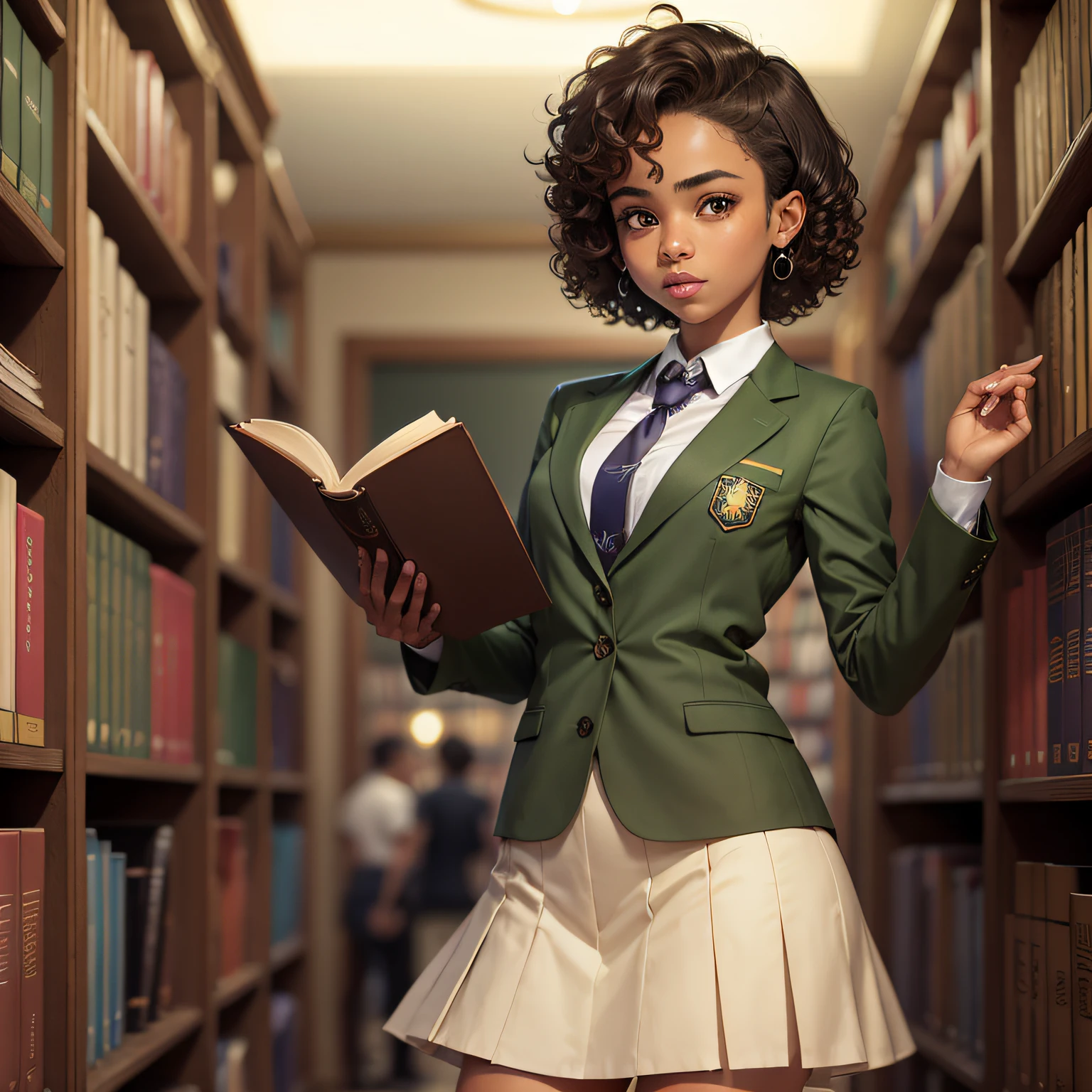 Menina bonita de 17 anos, cabelos curtos e cacheados, castanho claro, olhos verdes, e fofo e curioso, em um terno escolar com mangas compridas e saia, Brown skin, em uma biblioteca da velha escola, pegando um livro antigo e misterioso