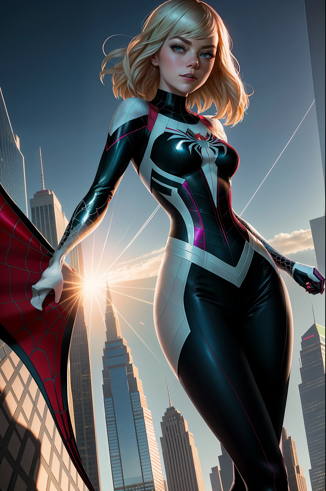 Emma Stone, beauty, Spider Gwen clothes, Spider-Woman (Gwen Stacy) full body photo, prominent figure, standing on the edge of a skyscraper, photo (Masterpiece) (Best quality) (Detail) (8K) (HD) (Wallpaper) (Cinematic lighting) (Sharp focus) (Intricate), sexy, best quality, ultra high resolution, photorealistic, sunlight, full body portrait, incredibly beautiful, dynamic poses,