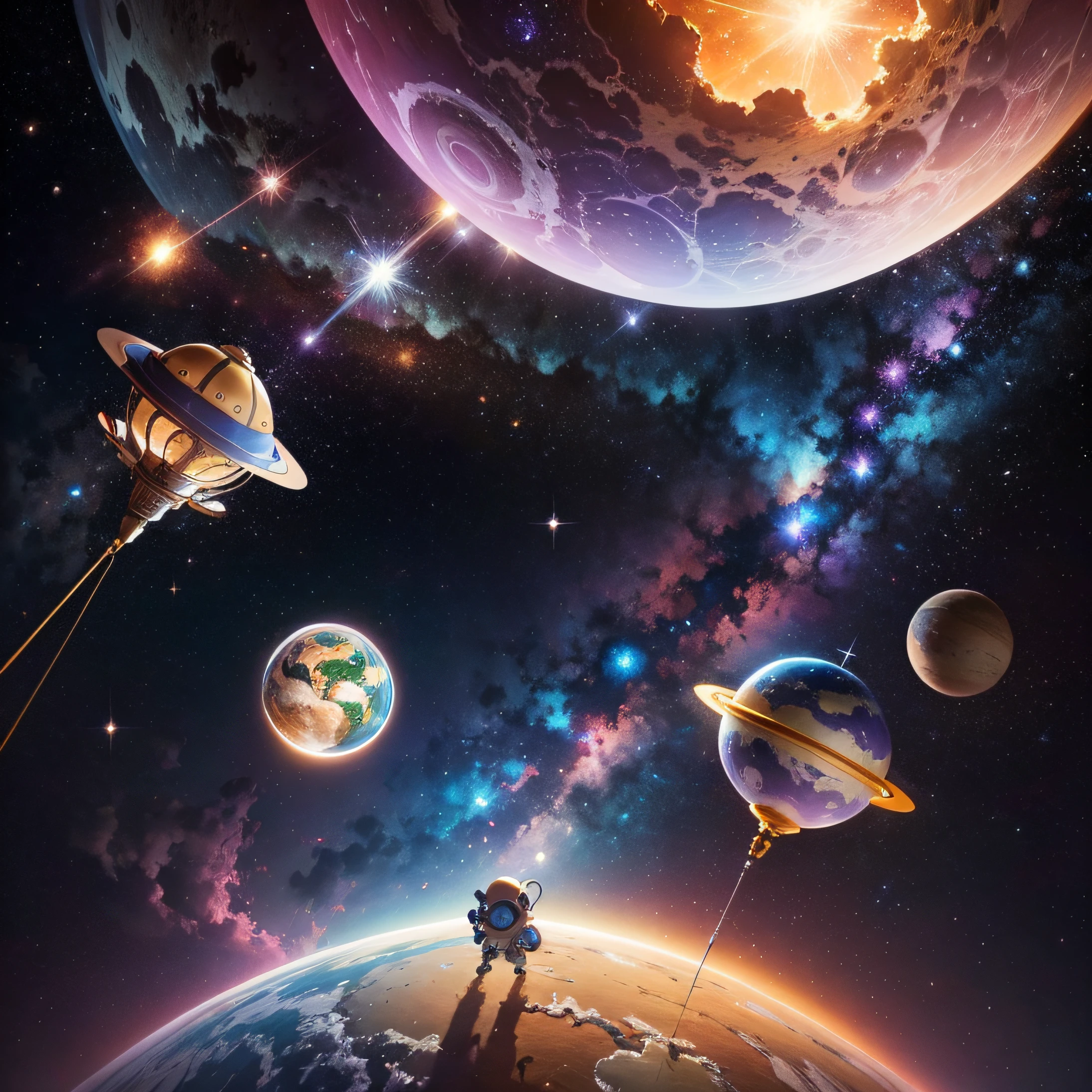 seus rostos.

outer space: No fundo, Include a stunning backdrop of the space, com estrelas cintilantes, Colorful planets and a mysterious galaxy.

spaceship: Adicione a nave espacial da Turma das Estrelas, flying towards the stars and planets, pronta para novas aventuras.

Criaturas encantadoras: Include the Friends of the Little Star and other magical creatures found on the trips, as the Colorful and the Brilliant Dancers.

Constellations and Special Stars: Draw the constellations that represent the eternal friendship of Peter and his friends. Destaque estrelas especiais com cores brilhantes, representing the inner light of each child.

Title and author: Position the title "Extraordinary Journeys through Outer Space" em letras grandes e coloridas, with a playful and fun style. Abaixo, coloque o nome do autor ou ilustrador, also with flashy colors.

Cores e estilo:

Utilize uma paleta de cores vibrantes, com tons de azul, roxo, verde, rosa, orange and yellow to portray the magic of space. The style should be cheerful and playful, with detailed illustrations that capture the imagination of children and invite them to embark on the adventure together with Pedro and the Gang of Stars.

The cover should convey the feeling that the book is full of exciting discoveries, Valuable lessons and unforgettable friendships. Com essa capa, Children will be excited to venture into outer space and unravel the secrets and charms that await in the pages of this special book.