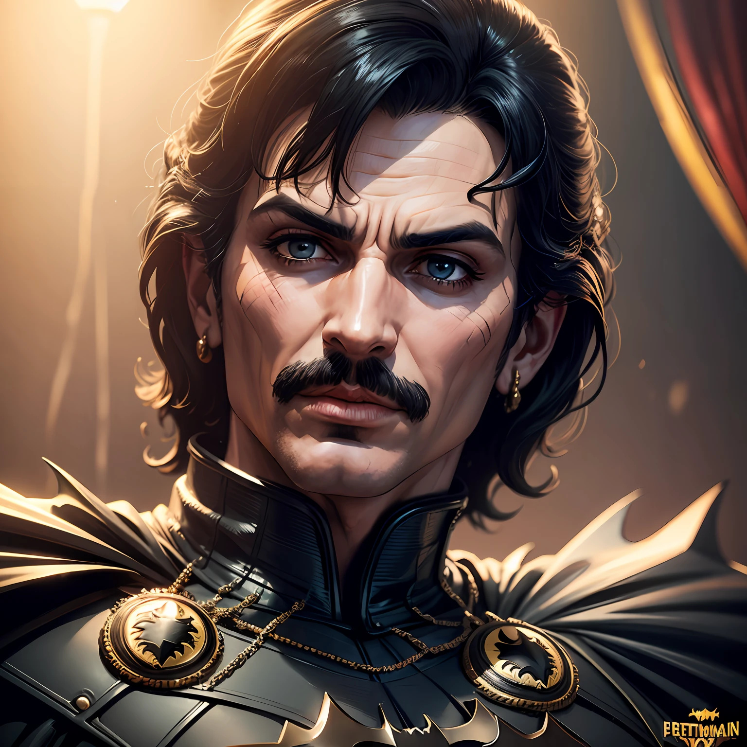 Bust of Fredy Mercury on stage dressed as Batman 8K and that appears the Queen word under the bust very realistic image --auto