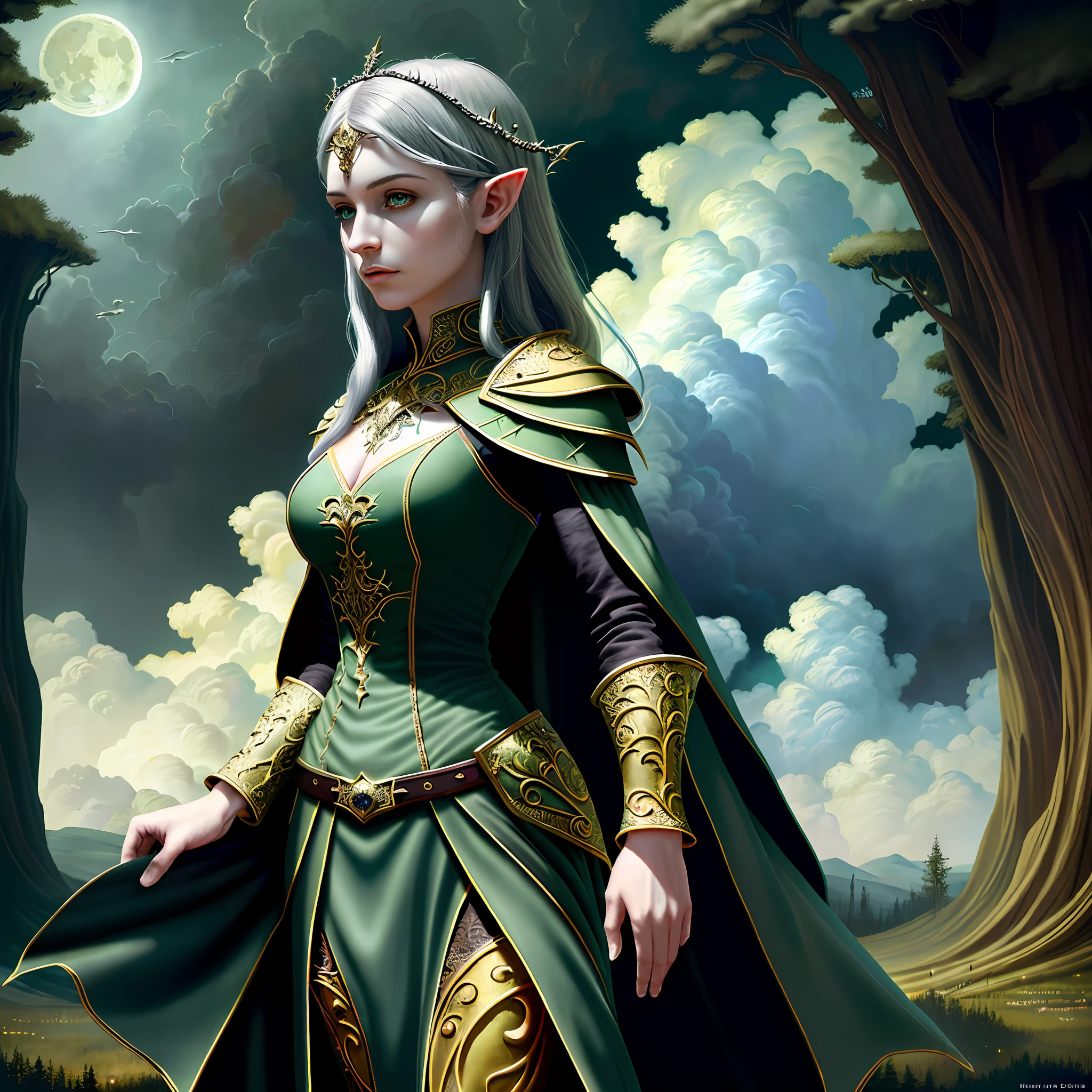 gothic art, dark fantasy art, dnd art, (masterpiece:1.5), full body intricate details, highly detailed, best quality, highres, portrait of a female, elf (1.6, fantasy art, Masterpiece, best quality), feminine, druid, cleric of nature, (1.4 intricate details, fantasy art, Masterpiece, best quality) with a short brown hair, green eyes, (fantasy art, Masterpiece, best quality), ((beautiful delicate face)), Ultra Detailed Face (1.6 intricate details, fantasy art, Masterpiece, best quality), armed a staff, green cloak, flowing cloak (1.4 intricate details, fantasy art, Masterpiece, best quality), leather armor (1.4 intricate details, fantasy art, Masterpiece, best quality), in fantasy setting forest at night, moon, clouds, gothic atmosphere, soft light, cinematic light, [[anatomically correct]], high details, best quality, 8k, [ultra detailed], masterpiece, best quality, (extremely detailed), dynamic angle
