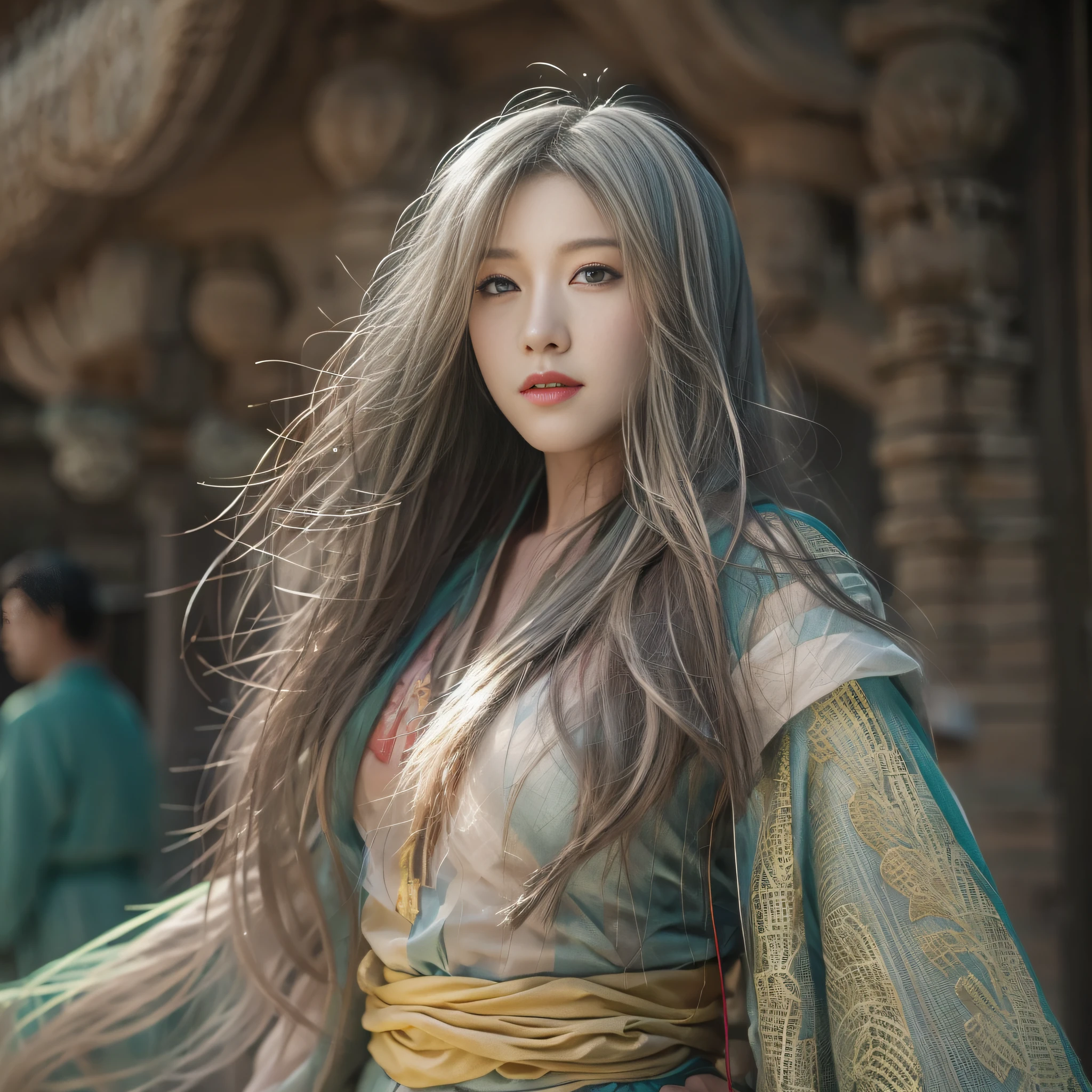 (RAW photo, Best quality), (Realistic, photo-realistic:1.3), Best quality, Highly detailed, Masterpiece, Ultra-detailed, illustration, 1girll, The upper part of the body_Body, Dynamic Angle, world mastery theater, Messy_Long_Hair,Best quality, extremely detailed CG unity 8k壁纸，ink，astounding，电影灯光，lens_flare，dunhuang_Style，flowy，Light work，Kungfu，long whitr hair，lightand shade contrast，Strong light，opulent，((Bright clothes)), swordsmen