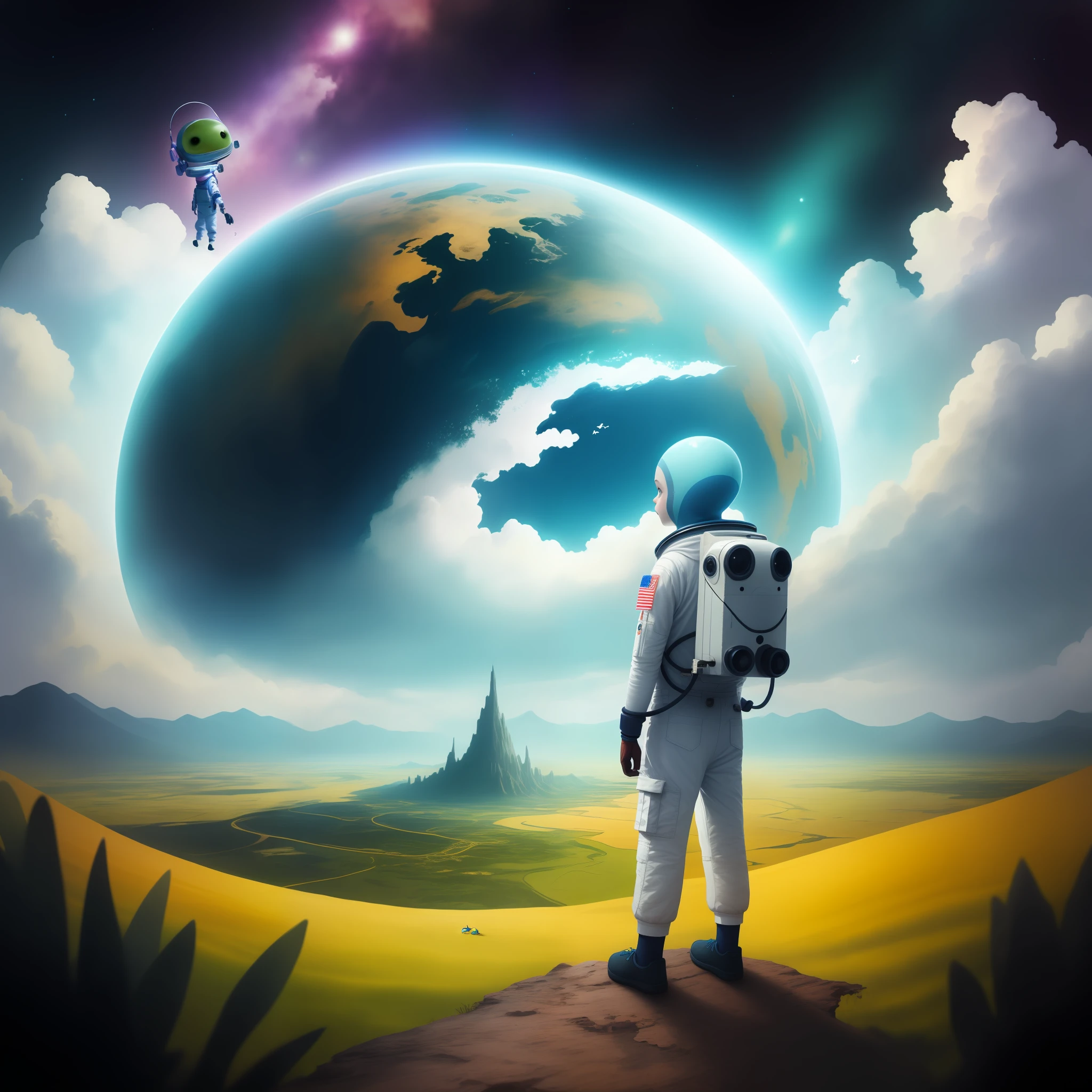 Boy in astronaut costume and a cute alien on his back looking at a landscape of a very colorful world