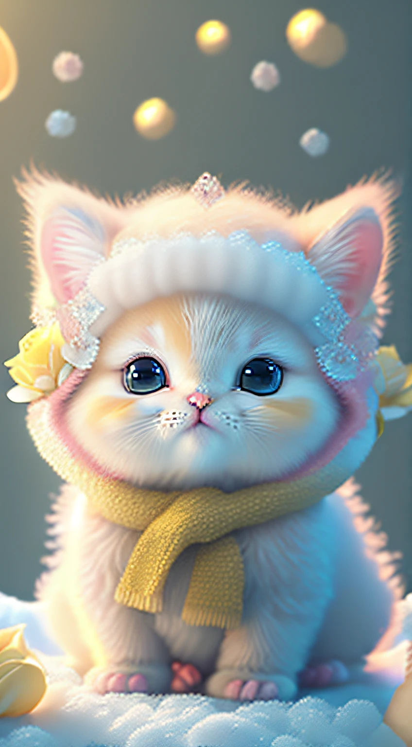 Nesta arte CG ultra-detalhada, Cute yelow kittens surrounded by ethereal roses, risos, melhor qualidade, alta resolução, detalhes intrincados, fantasia, animais bonitos, roxo, humorous, boca aberta, 8k, olhar comovente.