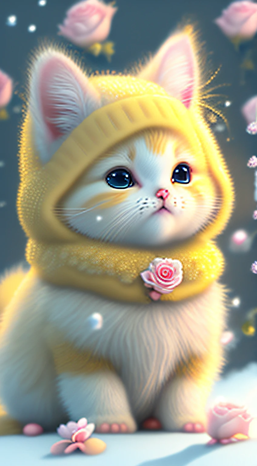Nesta arte CG ultra-detalhada, Cute yelow kittens surrounded by ethereal roses, risos, melhor qualidade, alta resolução, detalhes intrincados, fantasia, animais bonitos, roxo, humorous, boca aberta, 8k, olhar comovente.