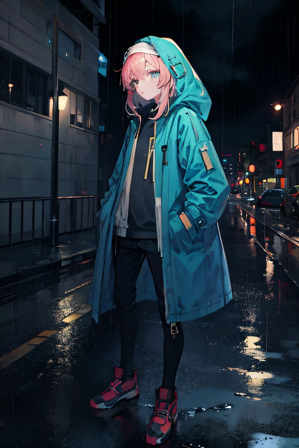 1 girl, night city, rain, coat, hands in pockets