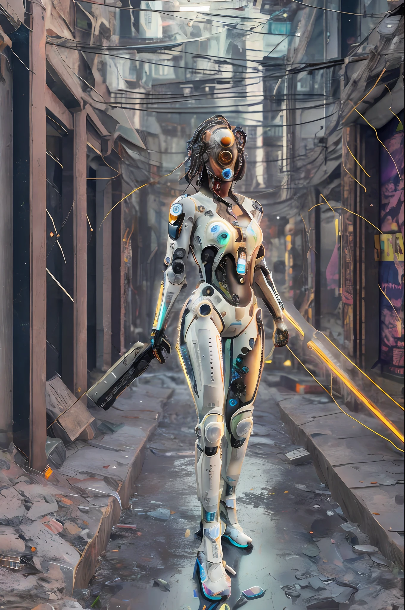 absurdres, highres, reflection, refraction:1.4, ultra detailed:1.4, (photorealistic:1.4, ultra high res, RAW photo), [[bokeh, blurry background]] BREAK (Cyberpunk:1.4), ((a cyborg in a cyberhelmet head girl)), solo, full body:1.2, (iridescent white body:1.6), ((machanical limbs)), character focus:1.2 BREAK science fiction, cinematic light, In the dark decaying ruins, ((super wide angle:1.2)), dutch angle, shot from below:1.6 BREAK, [neon lighting, vibrant glow, dynamic colors, striking contrast, futuristic vibe, electric energy, reflective surfaces]
