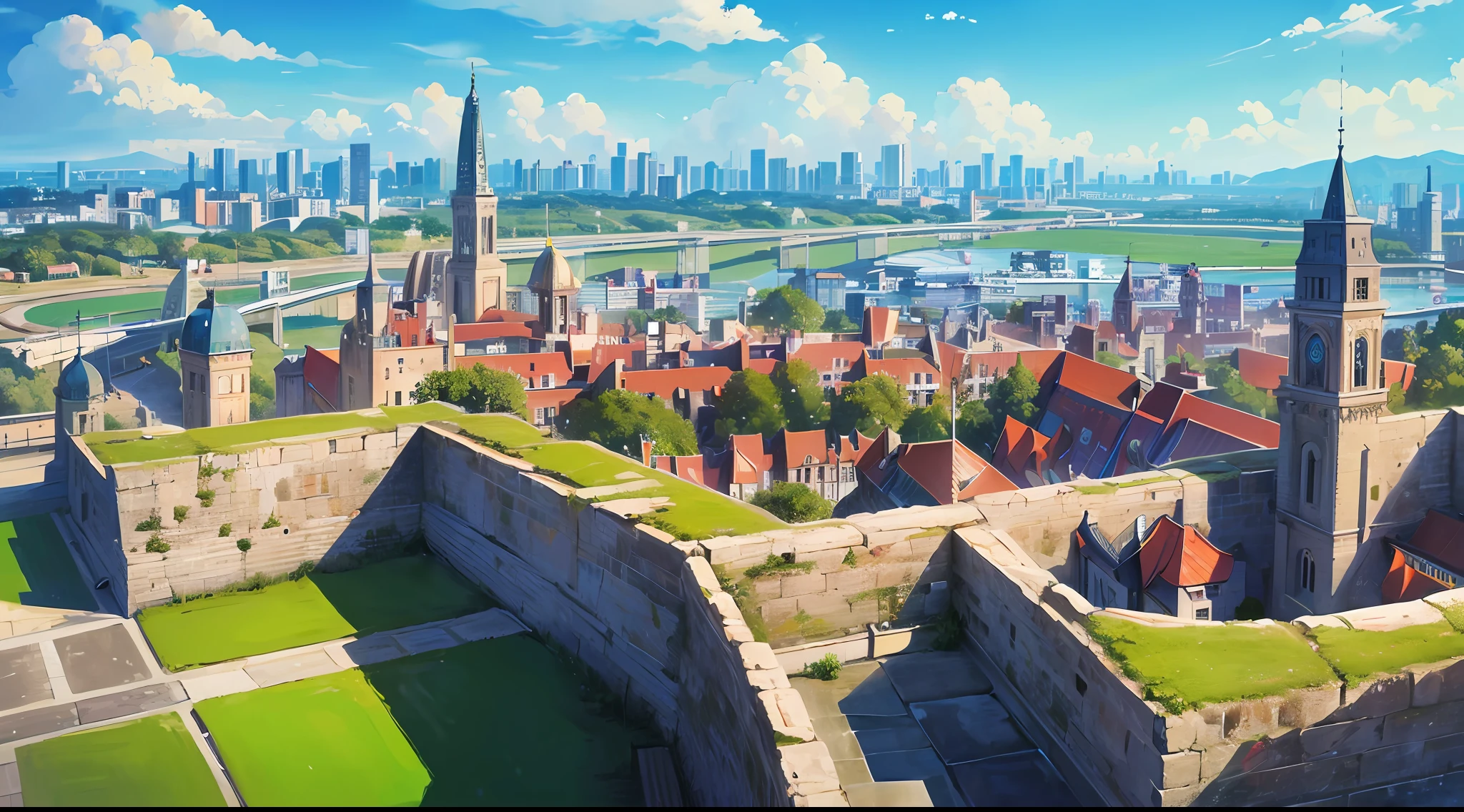 (Painting style: fantasy,mistic),(textured: hand painted style),(illumination/color: Brighter),(Up and down opposing the magical twin cities,In the middle of the city is a 7,500-meter-high Juling Tower)。(There are three walls in the city,The exterior wall has a circumference of 348,000 meters,The walls are 500 meters high,Well equipped,Magical elements)。aerial view of a city。 --auto