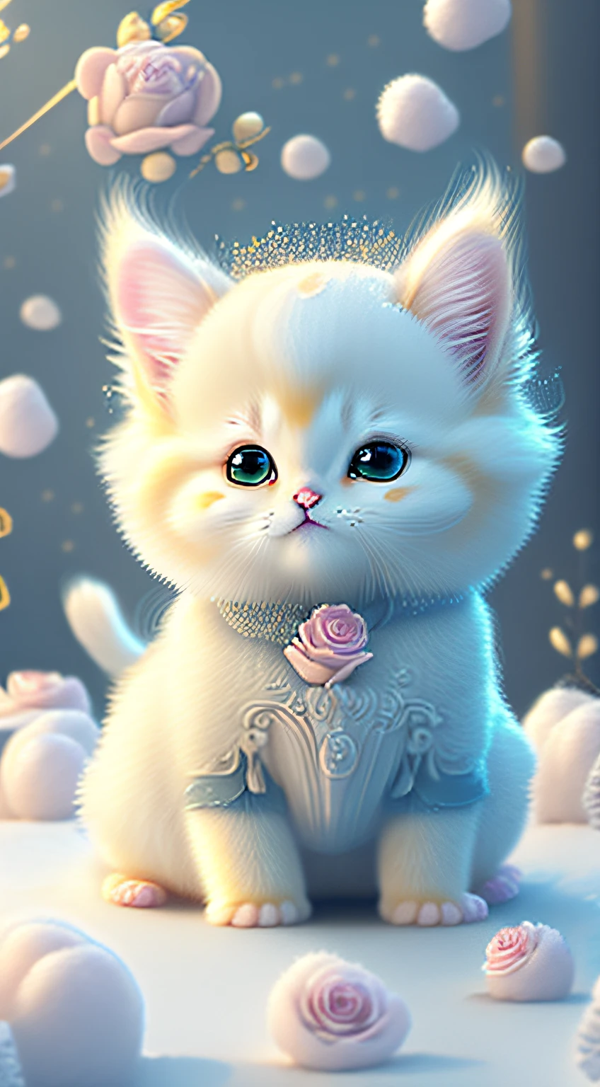 Nesta arte CG ultra-detalhada, Cute yelow kittens surrounded by ethereal roses, risos, melhor qualidade, alta resolução, detalhes intrincados, fantasia, animais bonitos, roxo, humorous, boca aberta, 8k, olhar comovente.
