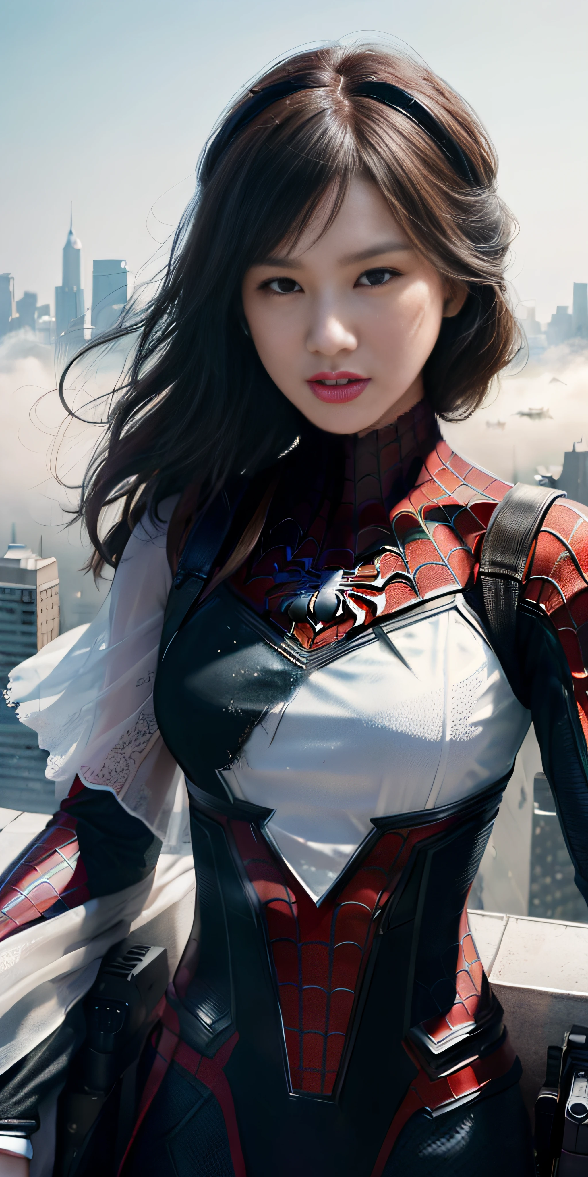 (1girl:1.3), Solo, (((Very detailed face)))), ((Very detailed eyes and face)))), Beautiful detail eyes, Body parts__, Official art, Unified 8k wallpaper, Super detailed, beautiful and beautiful, beautiful, masterpiece, best quality, original, masterpiece, super fine photo, best quality, super high resolution, realistic realism, sunlight, full body portrait, amazing beauty, dynamic pose, delicate face, vibrant eyes, (from the front), She wears Spider-Man suit, red and black color scheme, spider, very detailed city roof background, rooftop, overlooking the city, detailed face, detailed complex busy background, messy, gorgeous, milky white, highly detailed skin, realistic skin details, visible pores, clear focus, volumetric fog, 8k uhd, DSLR, high quality, film grain, fair skin, photo realism, lomography, futuristic dystopian megalopolis, translucent