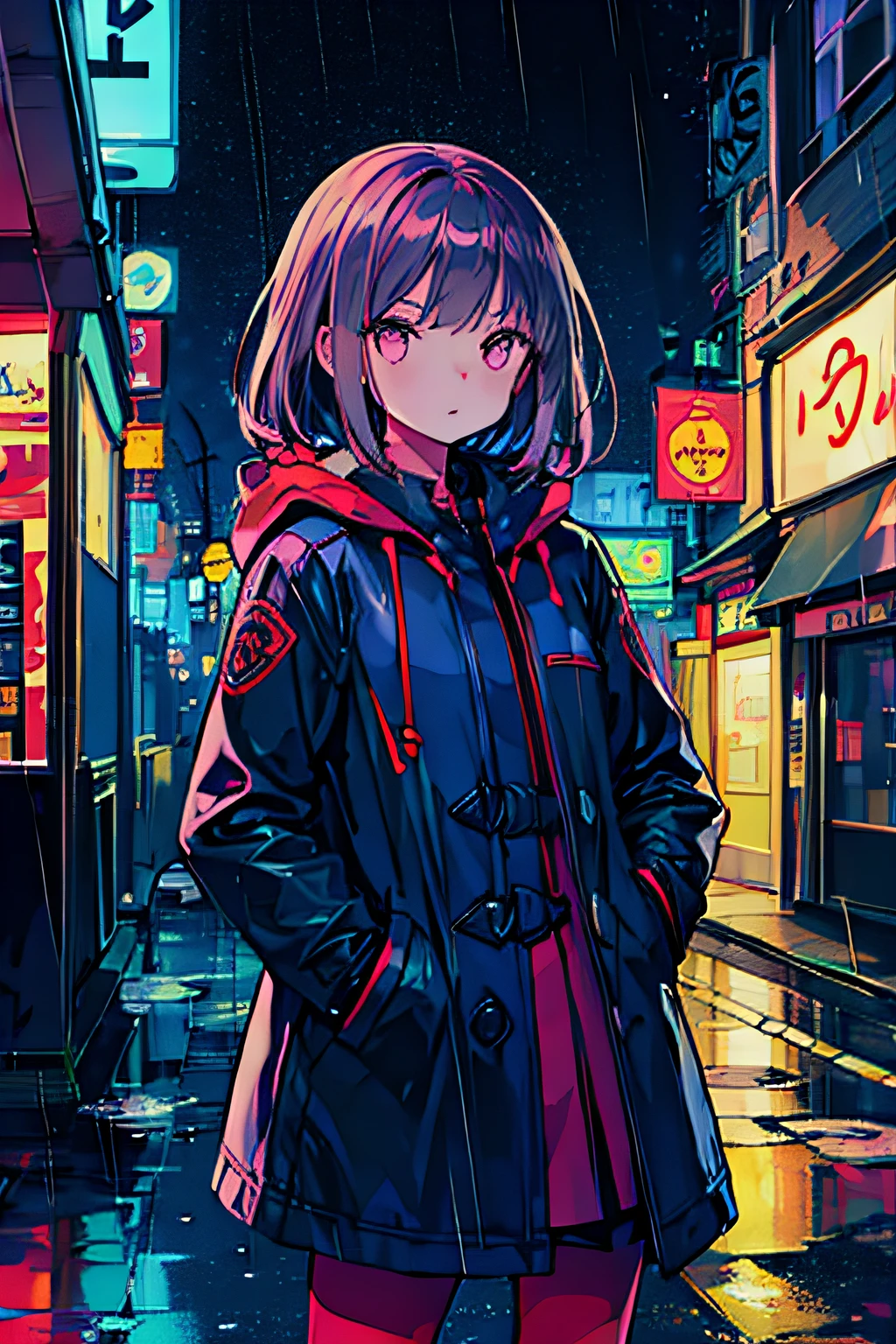 1 girl, night city, rain, coat, hands in pockets