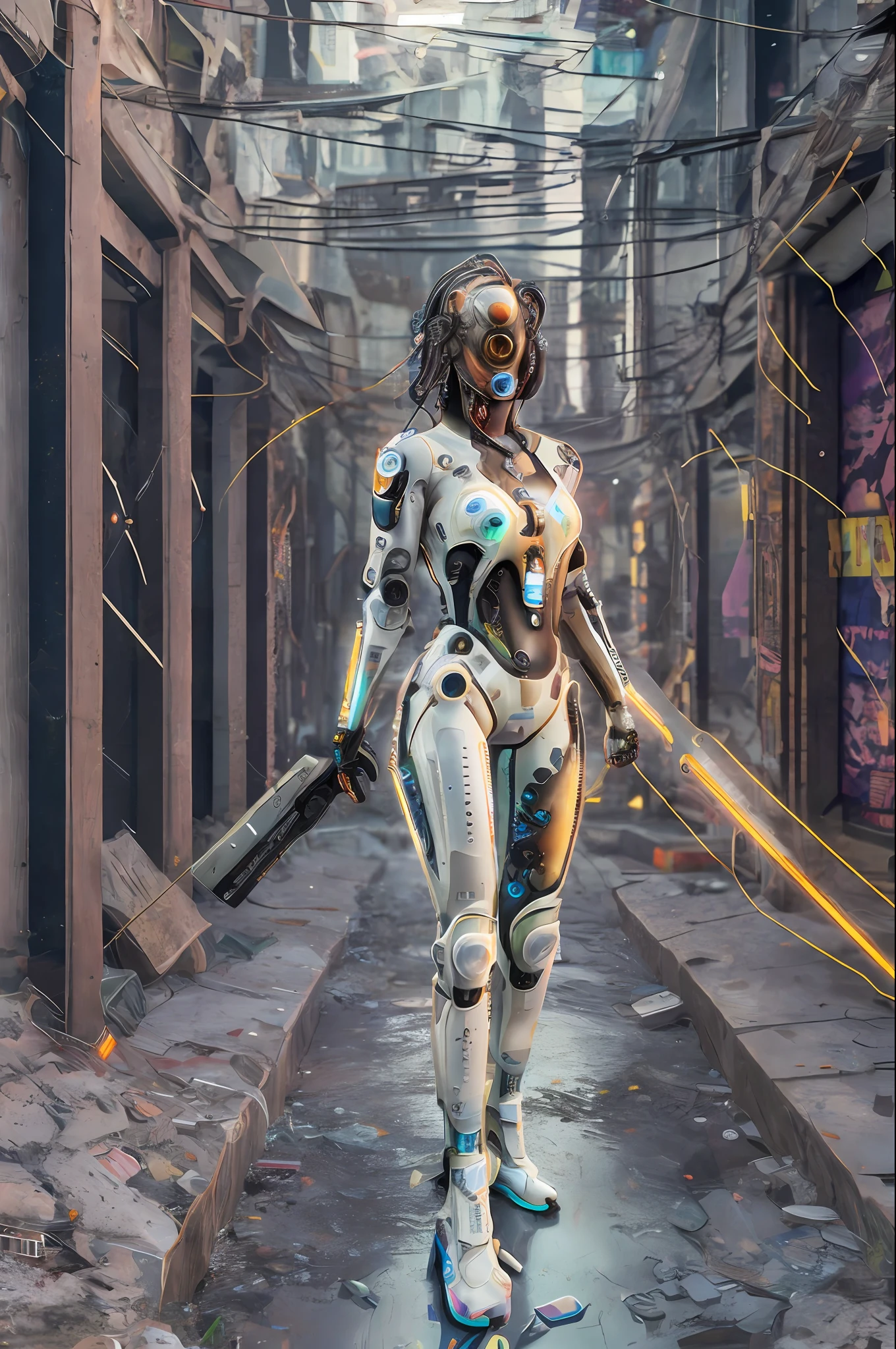 absurdres, highres, reflection, refraction:1.4, ultra detailed:1.4, (photorealistic:1.4, ultra high res, RAW photo), [[bokeh, blurry background]] BREAK (Cyberpunk:1.4), ((a cyborg in a cyberhelmet head girl)), solo, full body:1.2, (iridescent white body:1.6), ((machanical limbs)), character focus:1.2 BREAK science fiction, cinematic light, In the dark decaying ruins, ((super wide angle:1.2)), dutch angle, shot from below:1.6 BREAK, [neon lighting, vibrant glow, dynamic colors, striking contrast, futuristic vibe, electric energy, reflective surfaces]