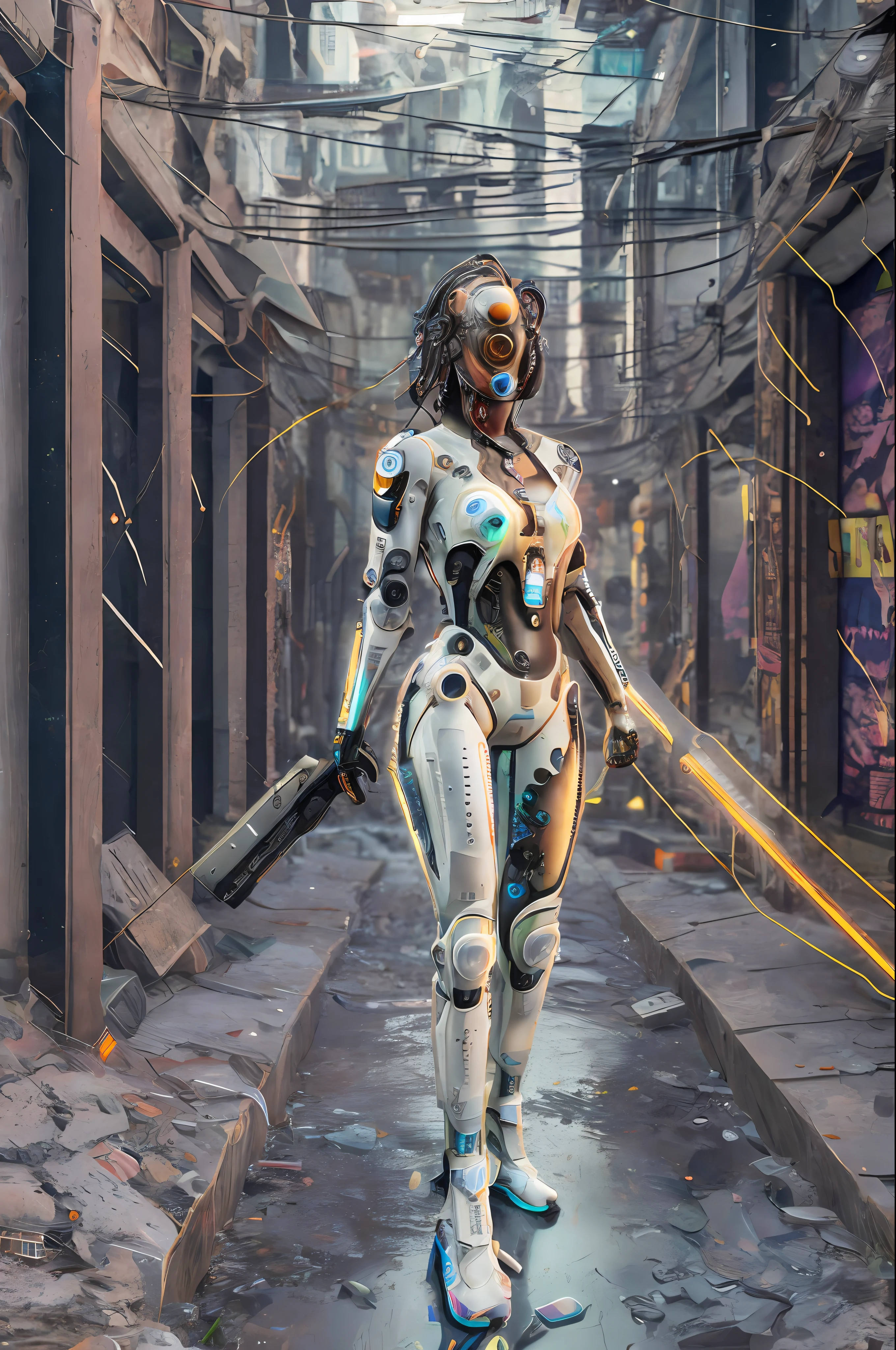 absurdres, highres, reflection, refraction:1.4, ultra detailed:1.4, (photorealistic:1.4, ultra high res, RAW photo), [[bokeh, blurry background]] BREAK (Cyberpunk:1.4), ((a cyborg in a cyberhelmet head girl)), solo, full body:1.2, (iridescent white body:1.6), ((machanical limbs)), character focus:1.2 BREAK science fiction, cinematic light, In the dark decaying ruins, ((super wide angle:1.2)), dutch angle, shot from below:1.6 BREAK, [neon lighting, vibrant glow, dynamic colors, striking contrast, futuristic vibe, electric energy, reflective surfaces]