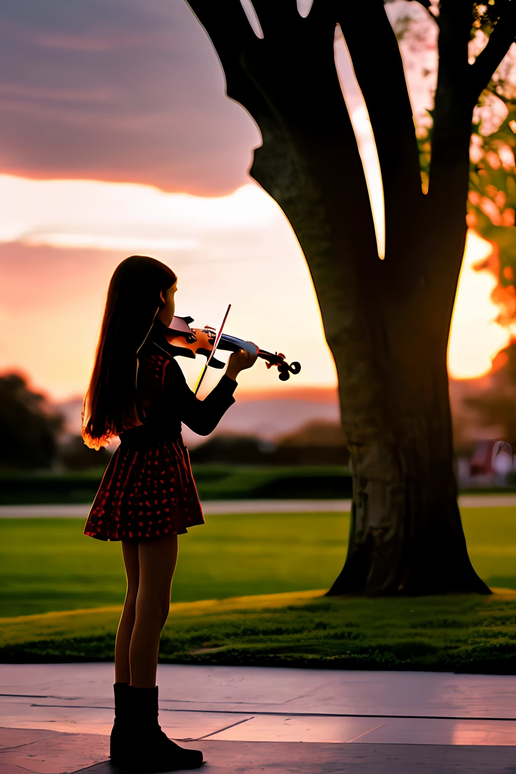 Girl playing violin in sunset