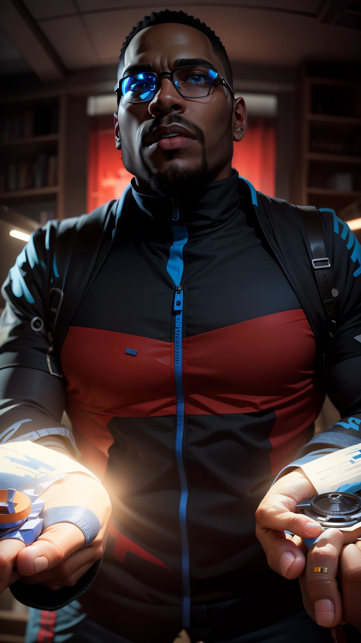 A black man with bills red and blue on each hand, Ultra Detailed, Ultra HD, Max Sharpen, 8K, 101K ultra detailed resolution, sf, trending on artstation, focus sharp, studio shot, intricate detail, highly detailed