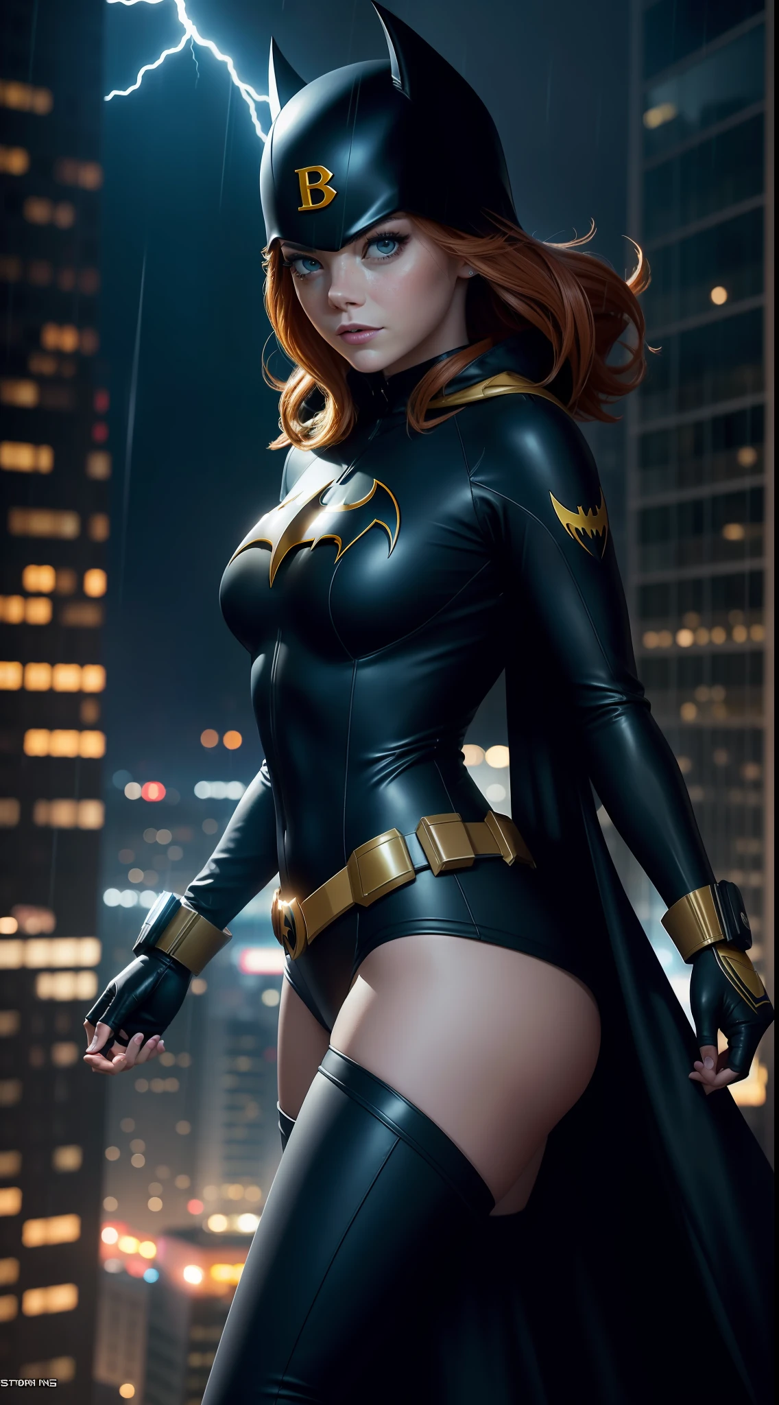 Emma Stone, beauty, Batgirl clothes, Batgirl cosplay, full body photo, prominent figure, standing on the edge of a skyscraper, night, photo (Masterpiece) (Best quality) (Detail) (8K) (HD) (Wallpaper) (Cinematic lighting) (Sharp focus) (Intricate), sexy, rain, wet, lightning, wind effect, best quality, ultra high resolution, photorealistic, full body portrait, incredibly beautiful,  dynamic poses,