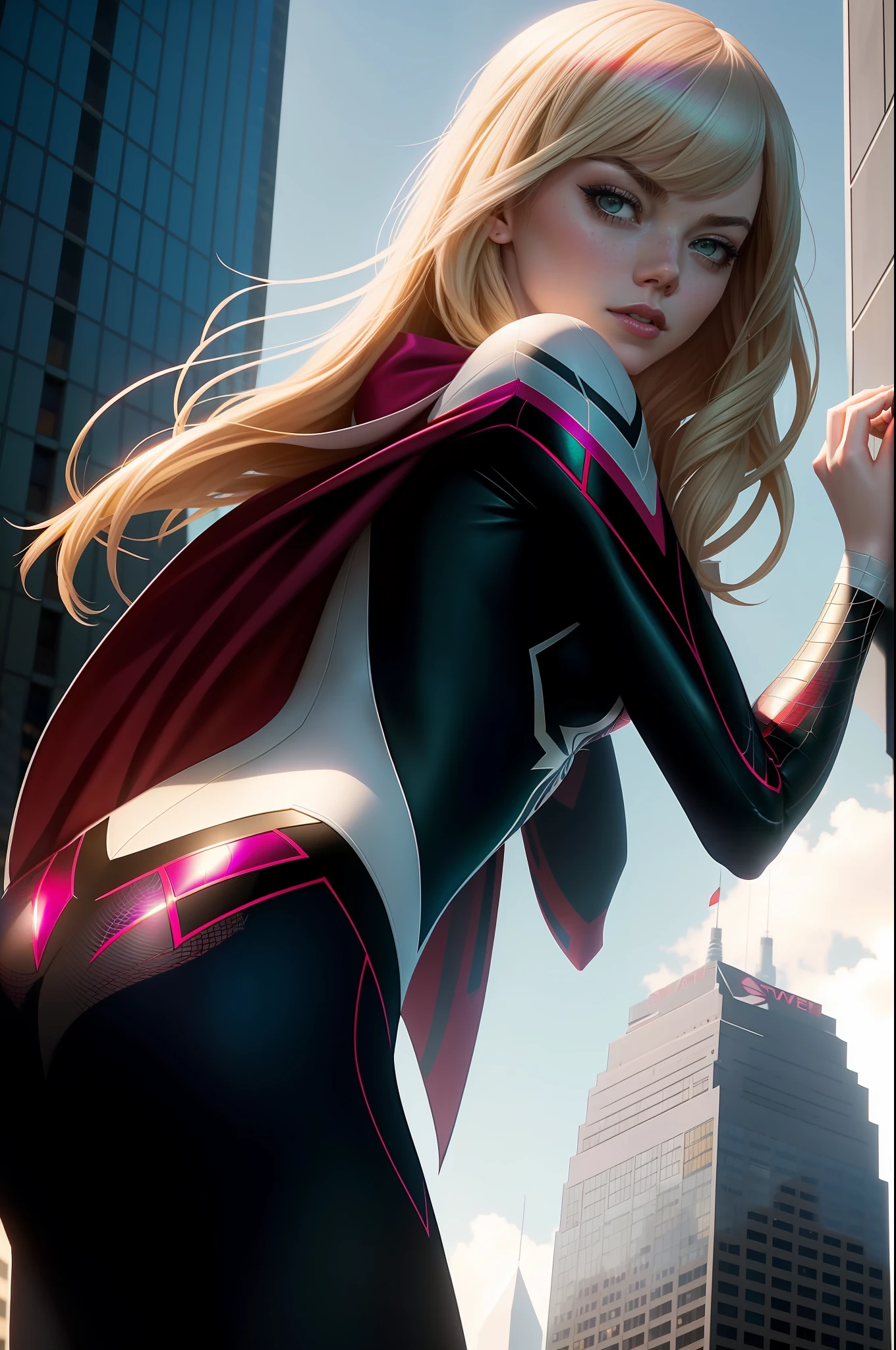 Emma Stone, beauty, Spider Gwen clothes, Spider-Woman (Gwen Stacy) full body photo, prominent figure, standing on the edge of a skyscraper, photo (Masterpiece) (Best quality) (Detail) (8K) (HD) (Wallpaper) (Cinematic lighting) (Sharp focus) (Intricate), sexy, best quality, ultra high resolution, photorealistic, sunlight, full body portrait, incredibly beautiful, dynamic poses,