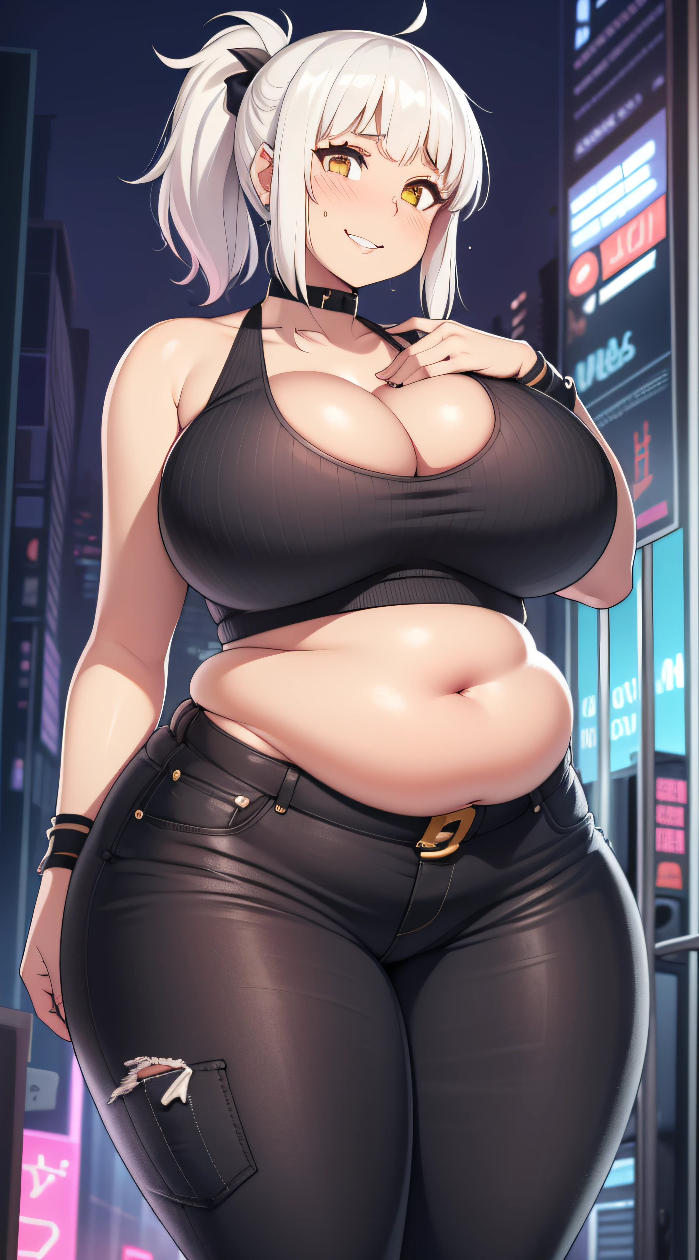 (((kipteitei art))), Masterpiece, high quality, best quality, beautiful, HD, perfect lighting, detailed face, detailed body, ((1girl)), ((solo)), ((silver hair)), medium hair, ponytail, (messy hair), yellow eyes, looking at viewer, happy, ((blush)), excited to see viewer, nervous smile, fidgety, tank top, black pants, ((skintight pants)), ((undersized clothes)), ((gigantic breasts)), ((cleavage)), perky breasts, ((undersized crop top)), ((((wide hips)))), ((thick thighs)), ((((thicc)))), ((((curvy)))), ((((plump)))), ((plump belly)), ((((belly hang)))), ((((((belly hangs over pants)))))), (hourglass), far future, futuristic buildings, outside, street, cyber-punk, neon lights, dynamic angle, facing to the side, 20 year old girl, all of her fat is in her belly
