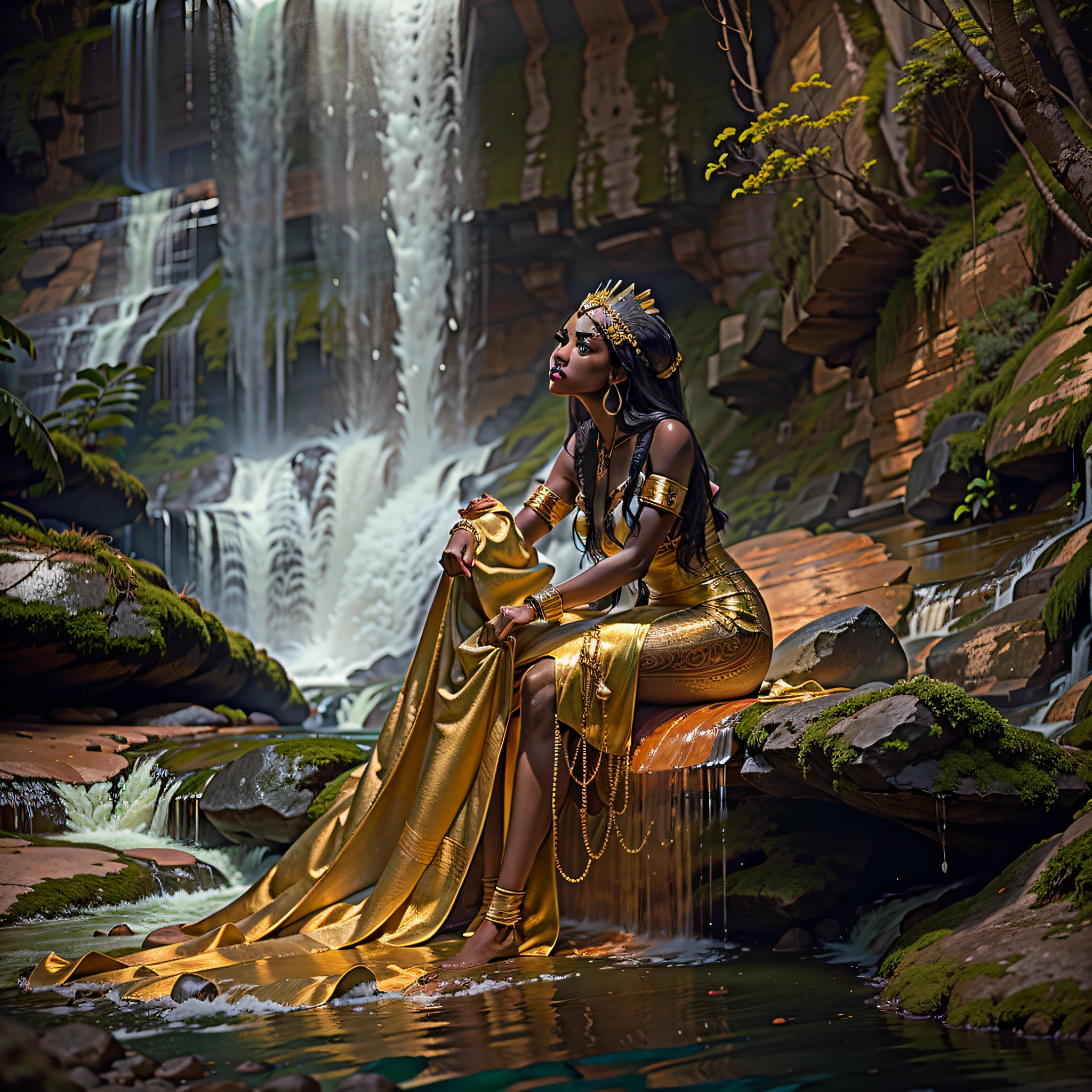 There's a gorgeous minimalist African queen sitting in a sparkling gold dress, segurando um espelho dourado, with a beautiful transparent golden veil in front of a waterfall, Cachoeira tranquila e bonita, cachoeiras de ouro, epic 3 d oshun, pano de fundo da cachoeira, linda cachoeira deslumbrante, solitude under a waterfall, deusa da natureza, com cachoeiras, ao lado de uma cachoeira, linda donzela fantasia, fantasia bonita, cachoeira deslumbrante, cachoeira bonita, Deusa da Natureza, com uma cachoeira