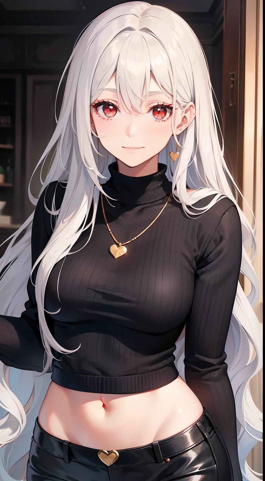 Mature lady with long white hair; medias hasta las rodillas, Black sweater with long neck, Red eyes and small smile, falda corta, cuerpo completo, pechos grandes, flequillo entre los ojos, Golden heart necklace