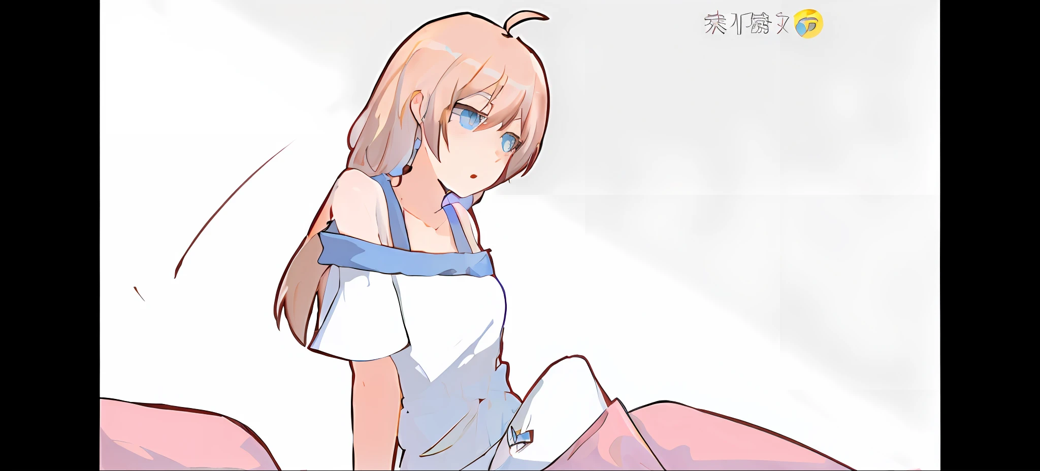 Anime girl sitting on bed in white dress，Pink sheets, loli in dress, anime moe art style, Female protagonist 👀 :8, saori, anime girl named lucy, flat anime style shading, (Anime girl), at pixiv, gapmoe yandere, rei hiroe, cute anime waifu in a nice dress