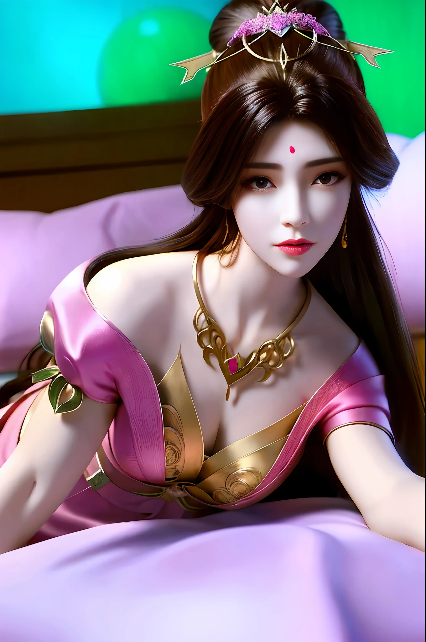((Realistic lighting, top quality, 8K, Masterpiece: 1.3)), Clear Focus: 1.2, 1Woman, Perfect Beauty: 1.4, Yushuxin, 1Girl, Dress, Solo, Brunette, Jewelry, Long Hair, Earrings, Bow, Pink Dress, Wood, Nature, Outdoor, Bare Shoulder, Airless Gainsboro, Long Dress, Hair Bow, Forest, Pink Bow,Strapless, Standing, Necklace, Head Tilt, Chapped Lips, Wavy Hair, Strapless Dress,Lace Sleeves, cetin dress,close-up woman in pink dress posing for photo,beautiful virgin,beautiful korean woman, beautiful princess, cute elegant pose, bell delphine, wearing pink dress, beautiful fantasy maiden, anime princess, beautiful seductive anime woman,beautiful asian girl, attractive anime girl, elegant glamorous cosplay,(lying on bed:1.8),(beautiful orb-articulated doll:1.3),luxurious princess dress