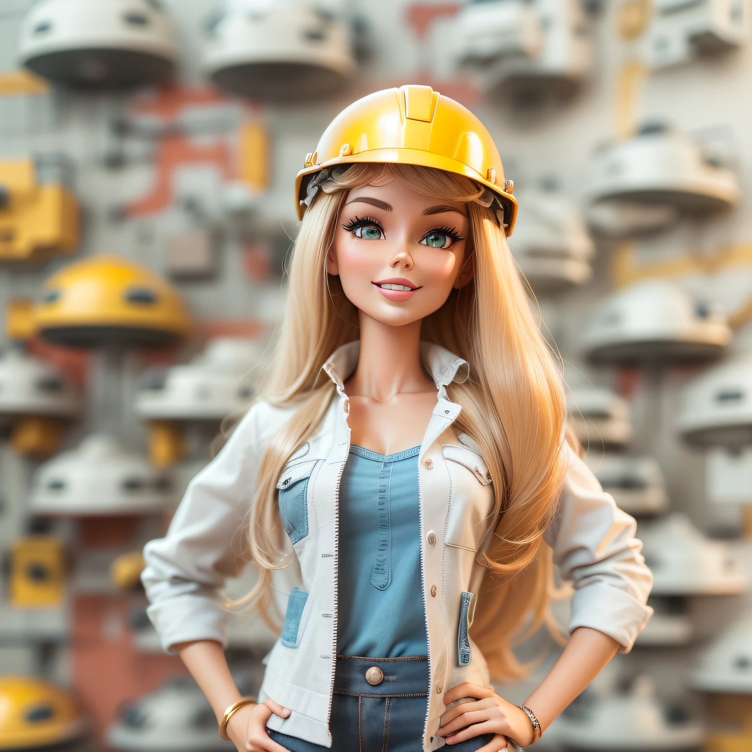 Boneca barbie sorrindo em 3D com colete de engenheiro, engineer's helmet on top of head, fundo totalmente branco e limpo, foto da cintura pra cima.