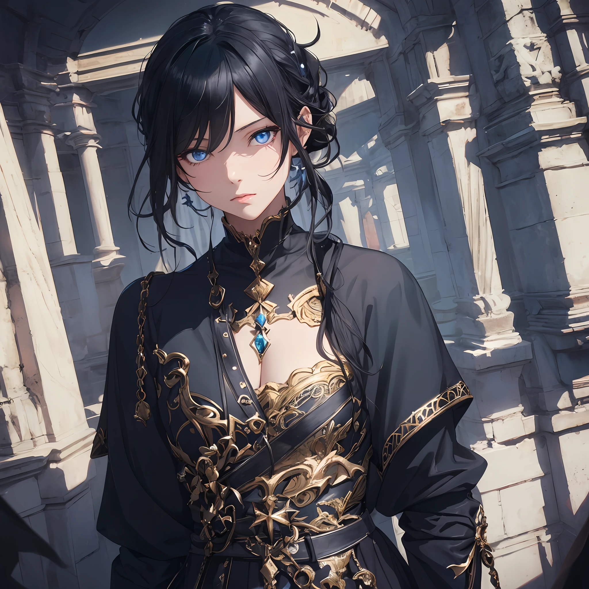 masterpiece, best quality, 1girl, ager, female focus, solo, dark black hair, long black hair, blue eyes, looking at viewer, closed mouth, Fantasy aesthetics, Highly detailed, shadowverse style, black attire
