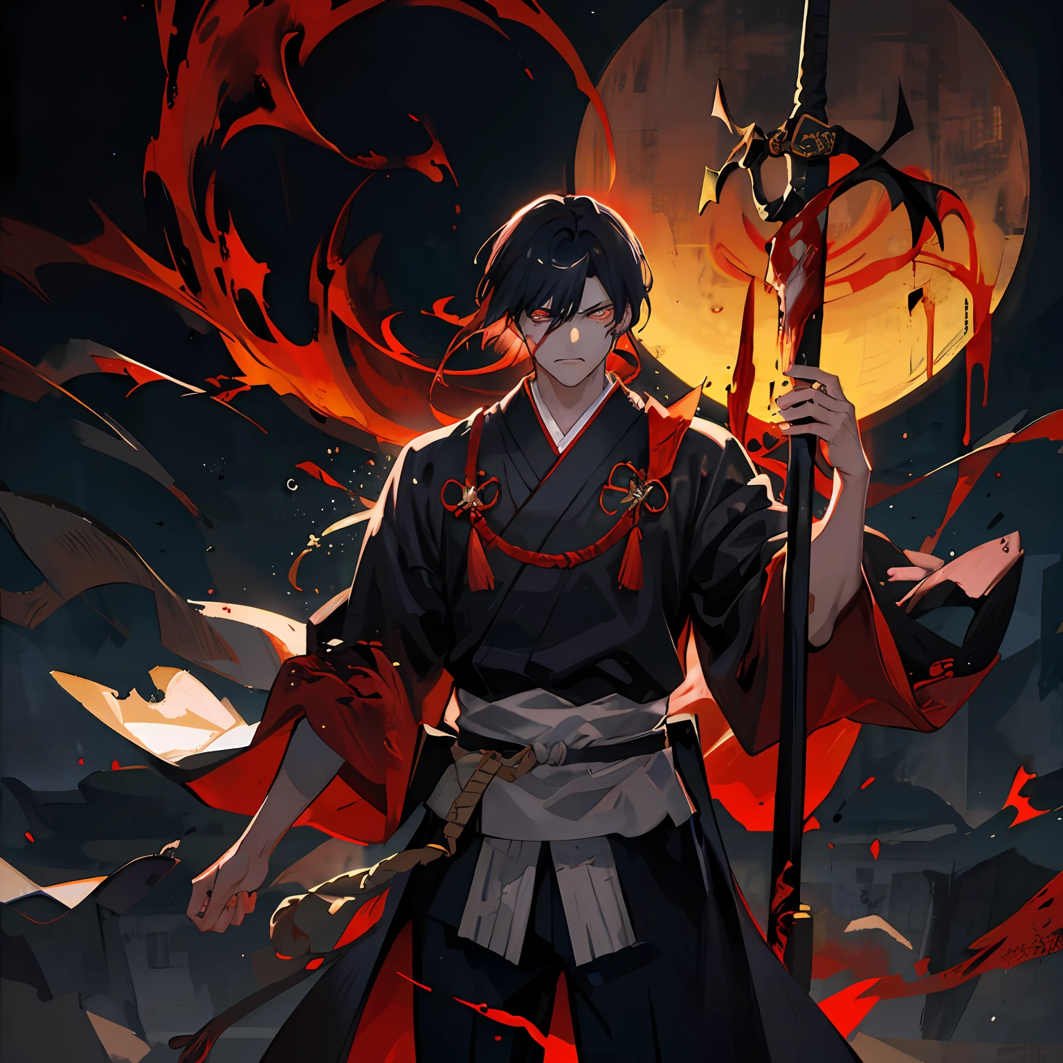 (Masterpiece, best quality:1.2), clean, hd, photorealistic, oil painting, concept art, trending on artstation, pixiv, style of makoto shinkai, (((1boy))), manly, toned, bandagens, blood, ((red glowing eyes:1.2)), (white short hair:1.4), messy hair, (samurai kimono:1.1), cowboy shot, (unreal touch:1.2), guwez style, demon slayer art style, solo focus, wide eyes, manly, serious, angry, machucados, cicatrizes com bandagens e faixas brancas com sangue, black demon sword, night rain background